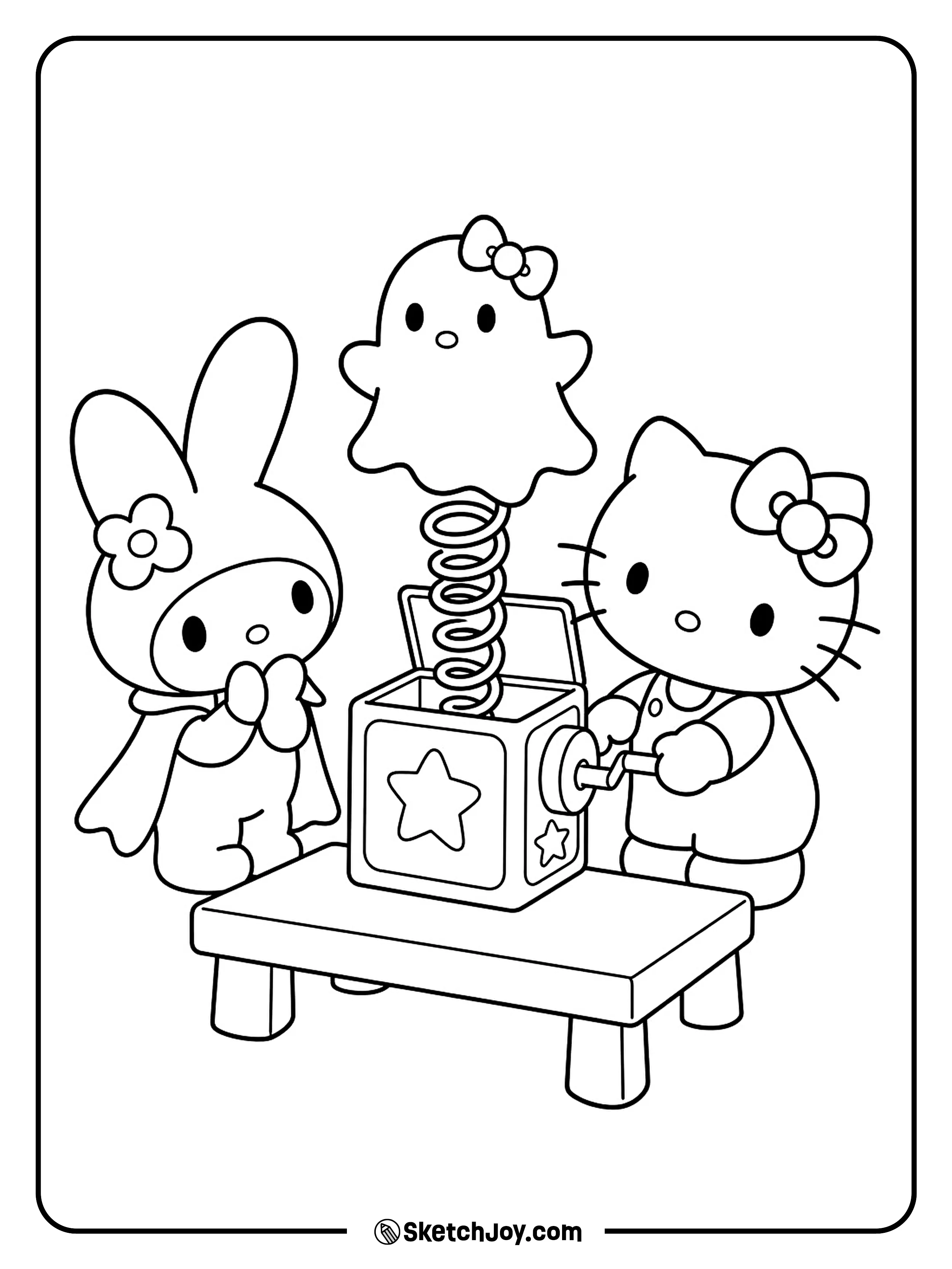 My Melody claps as a soft ghost pops out of the wind-up box.