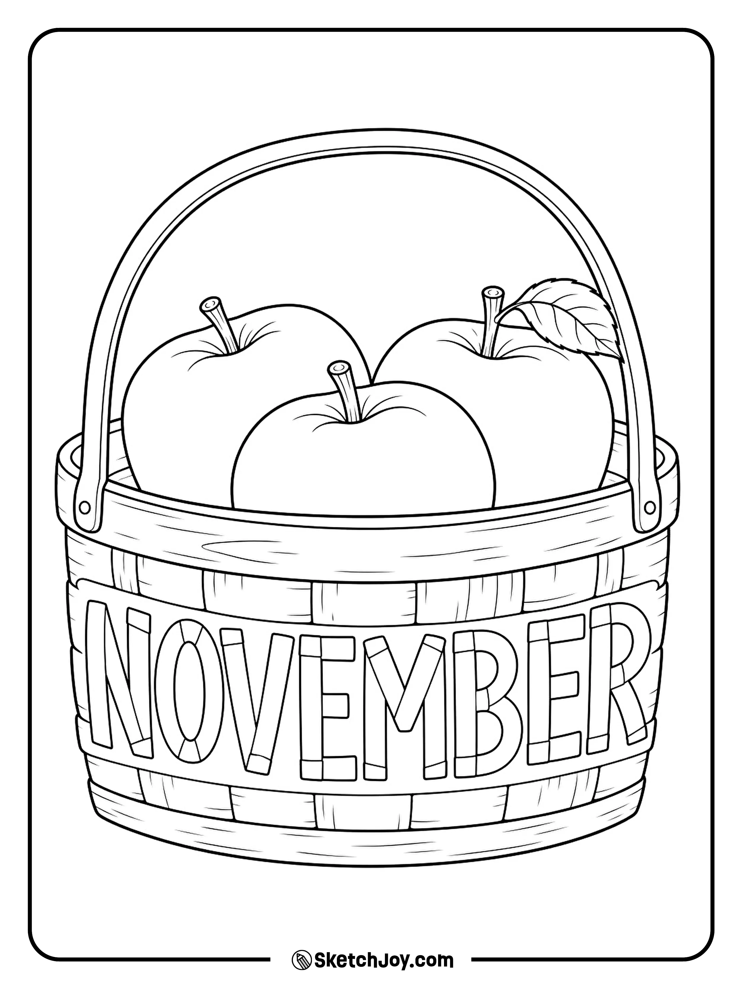 Three apples fill a small basket with November woven across its front.
