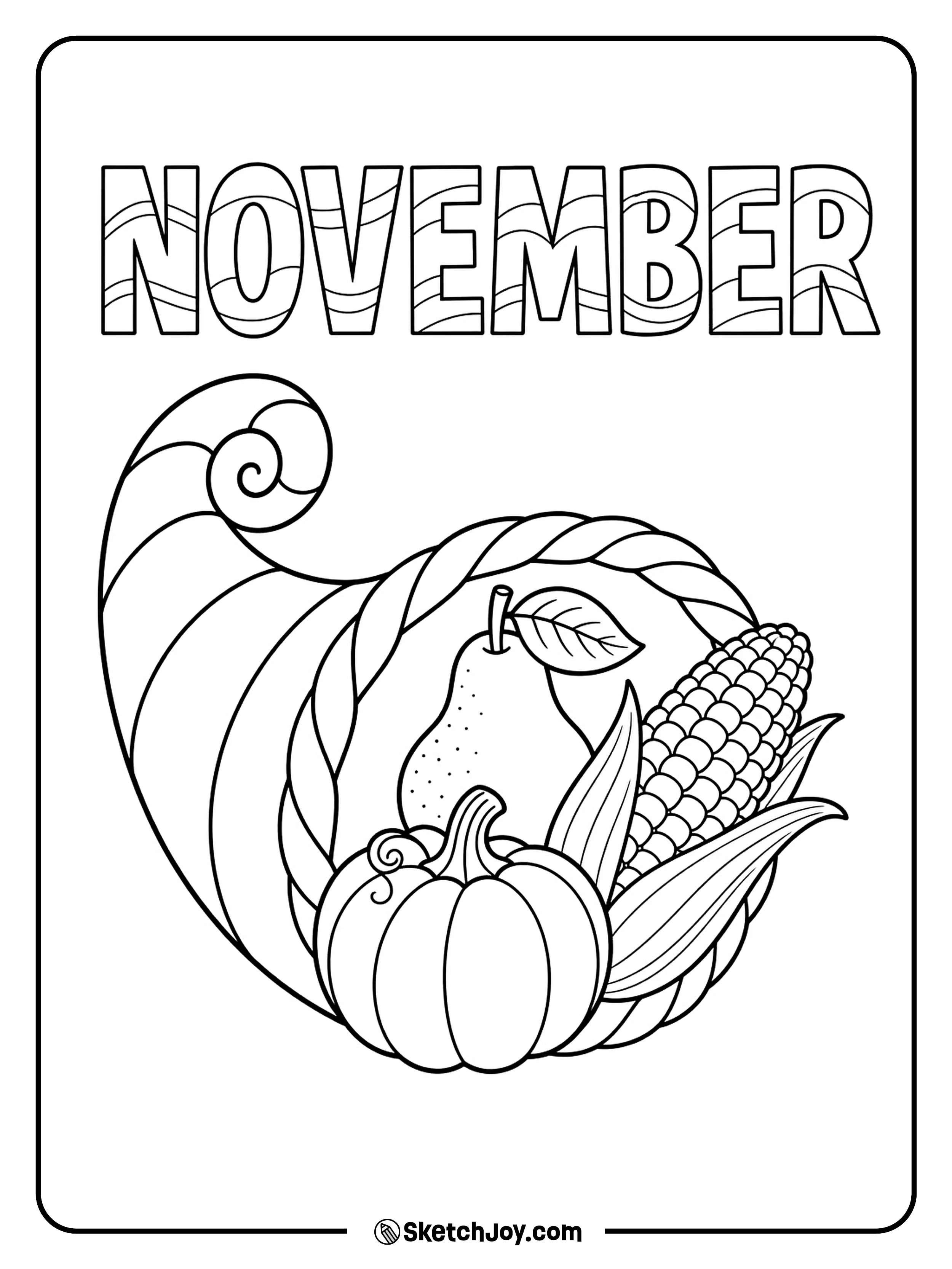 A curved harvest horn holds a pear, a pumpkin, and corn beneath bold November letters.