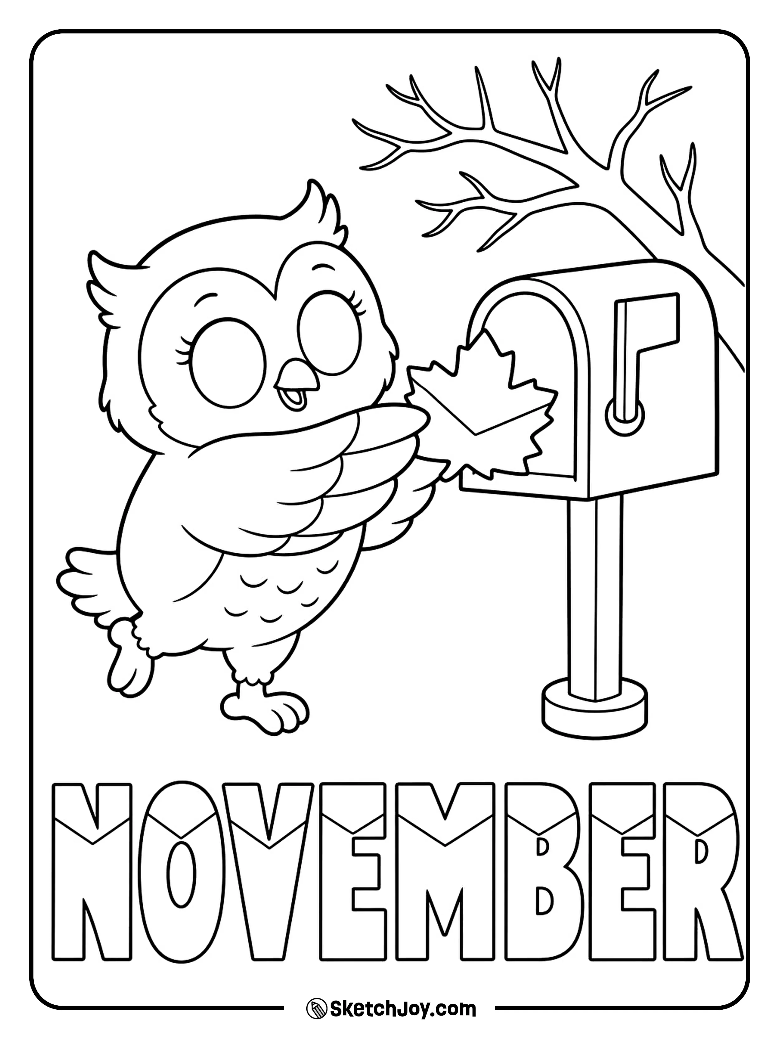 An owl slips a leaf-shaped envelope into a small woodland mailbox.