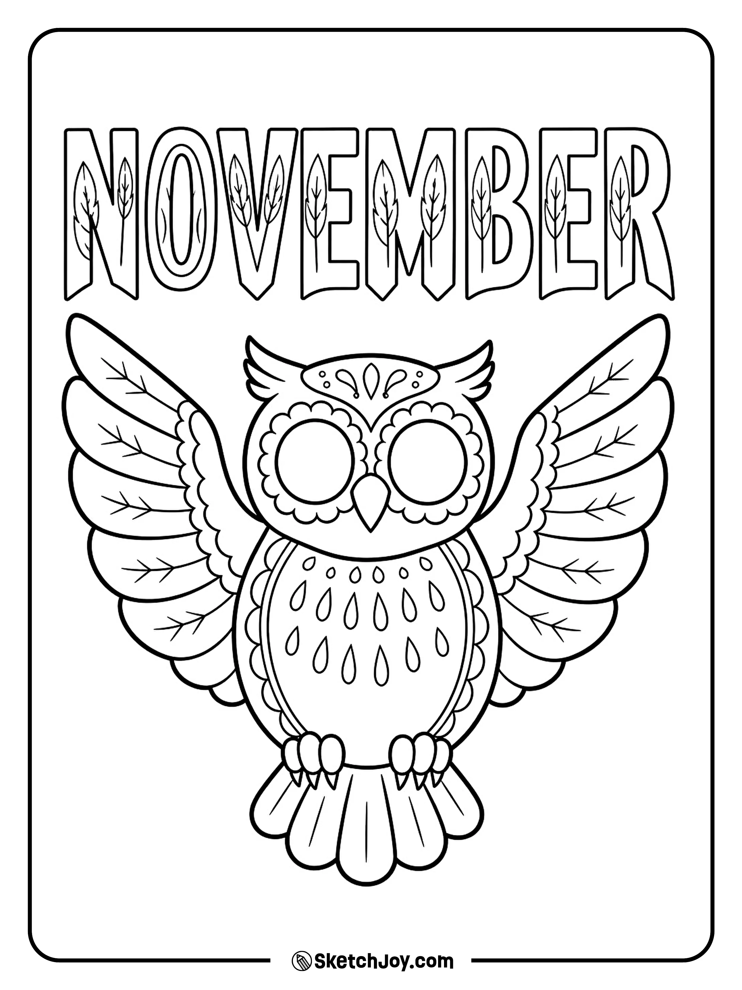 An owl stretches both wings below November letters with simple feather shapes inside.