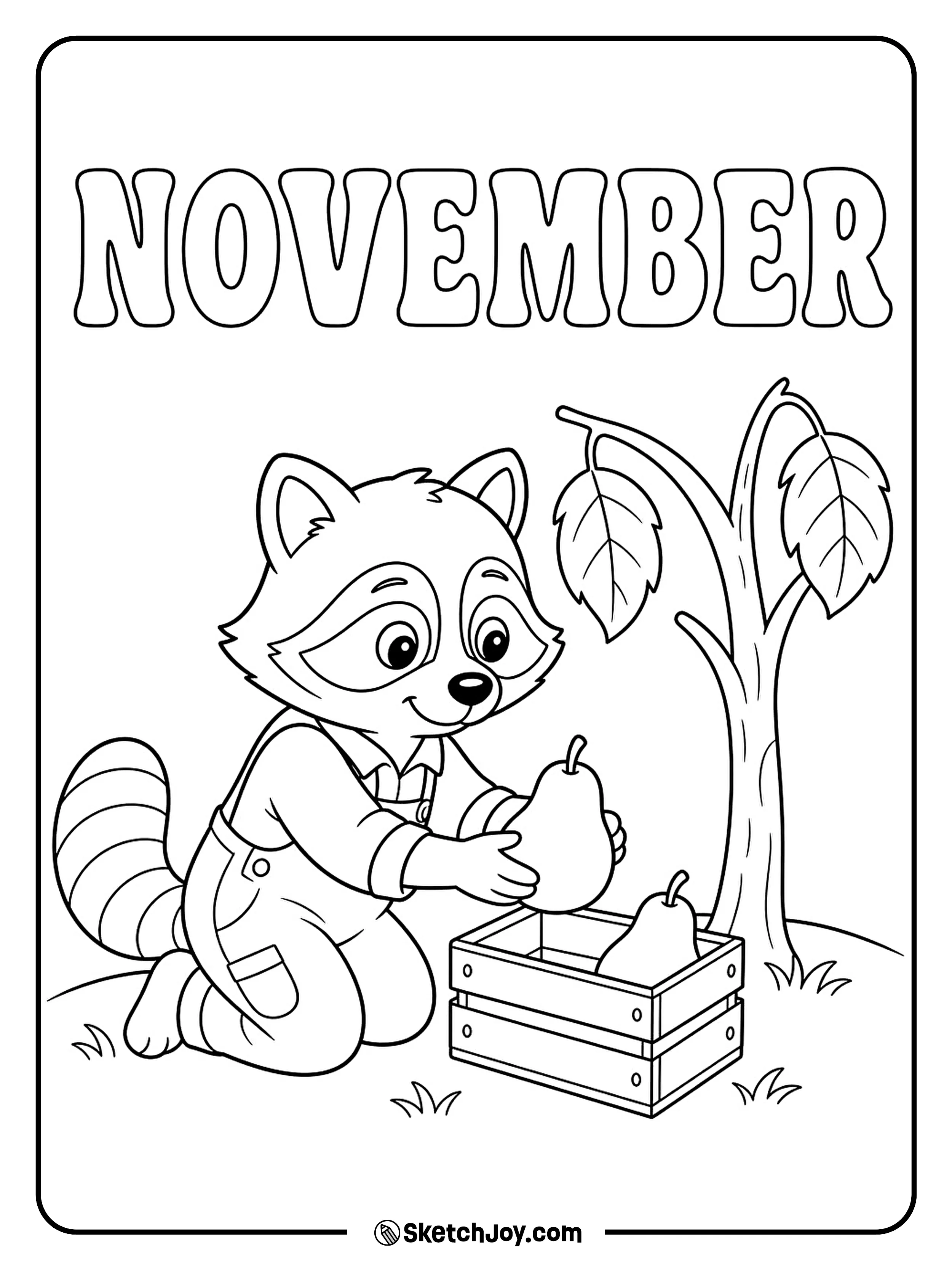 A raccoon places a fallen pear into a crate beneath a small orchard tree.