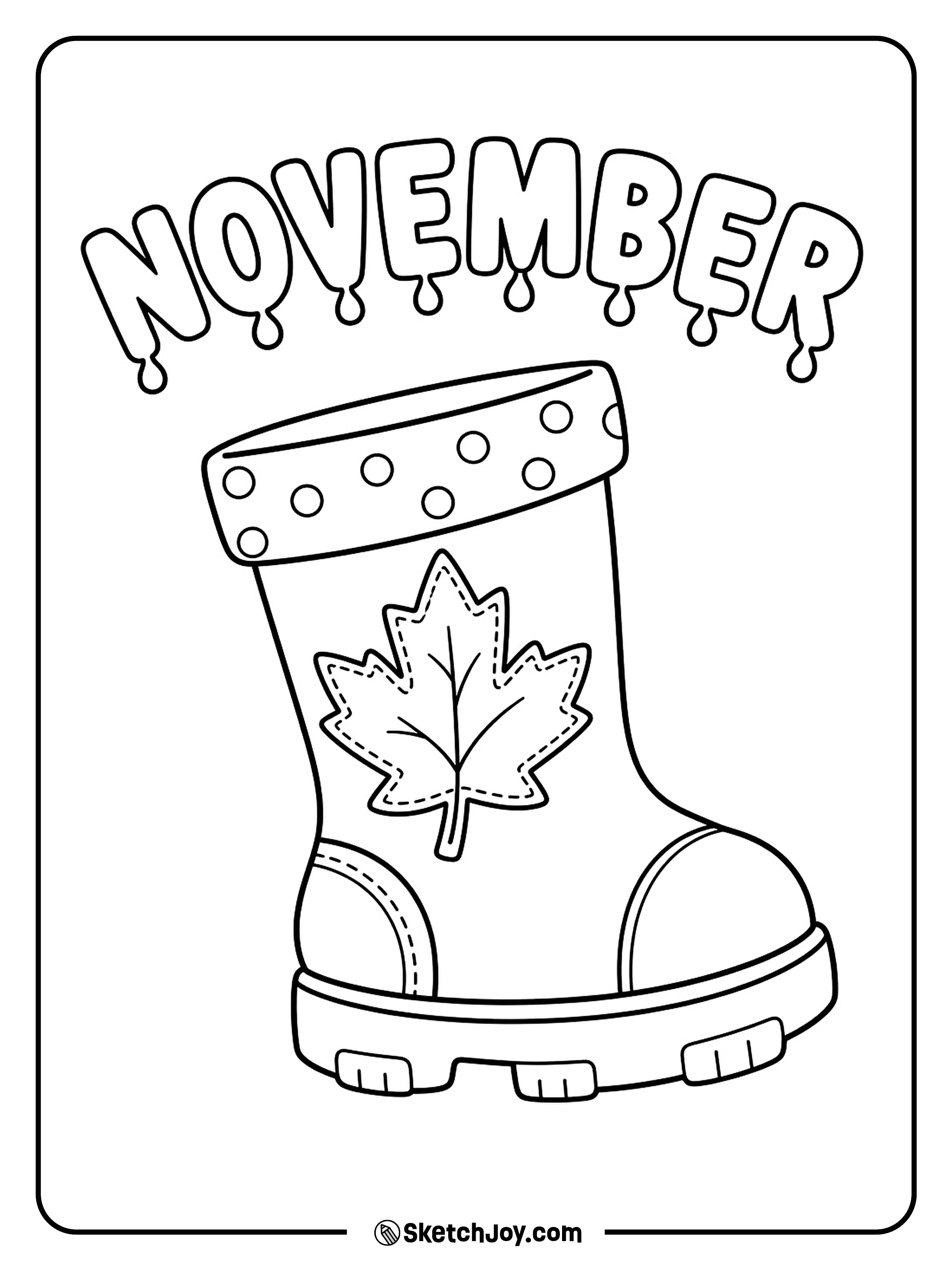 A tall rain boot leans beneath November letters with small drop-shaped tips.