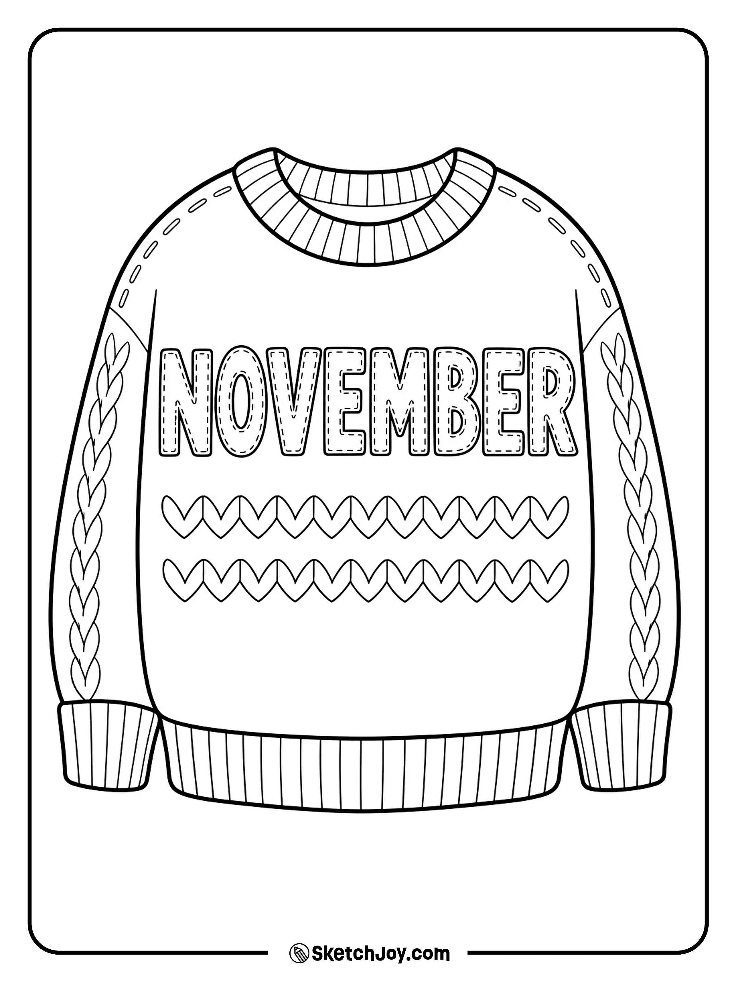 A soft sweater has November stitched across its chest and broad ribbed cuffs.