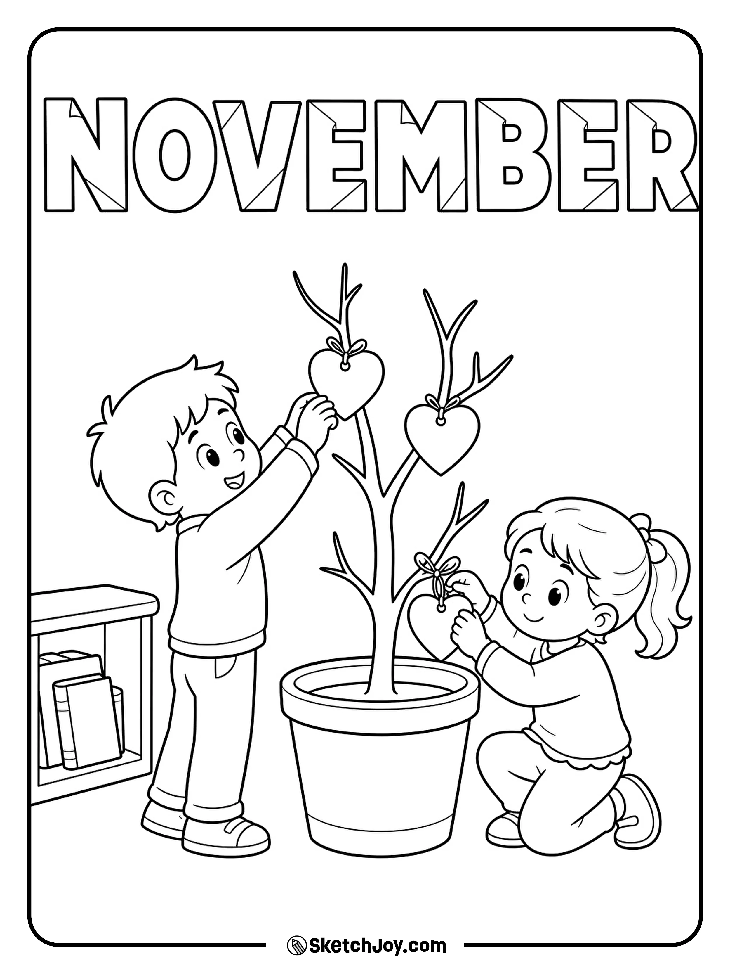 Two friends hang heart-shaped notes on a small tree of thanks.
