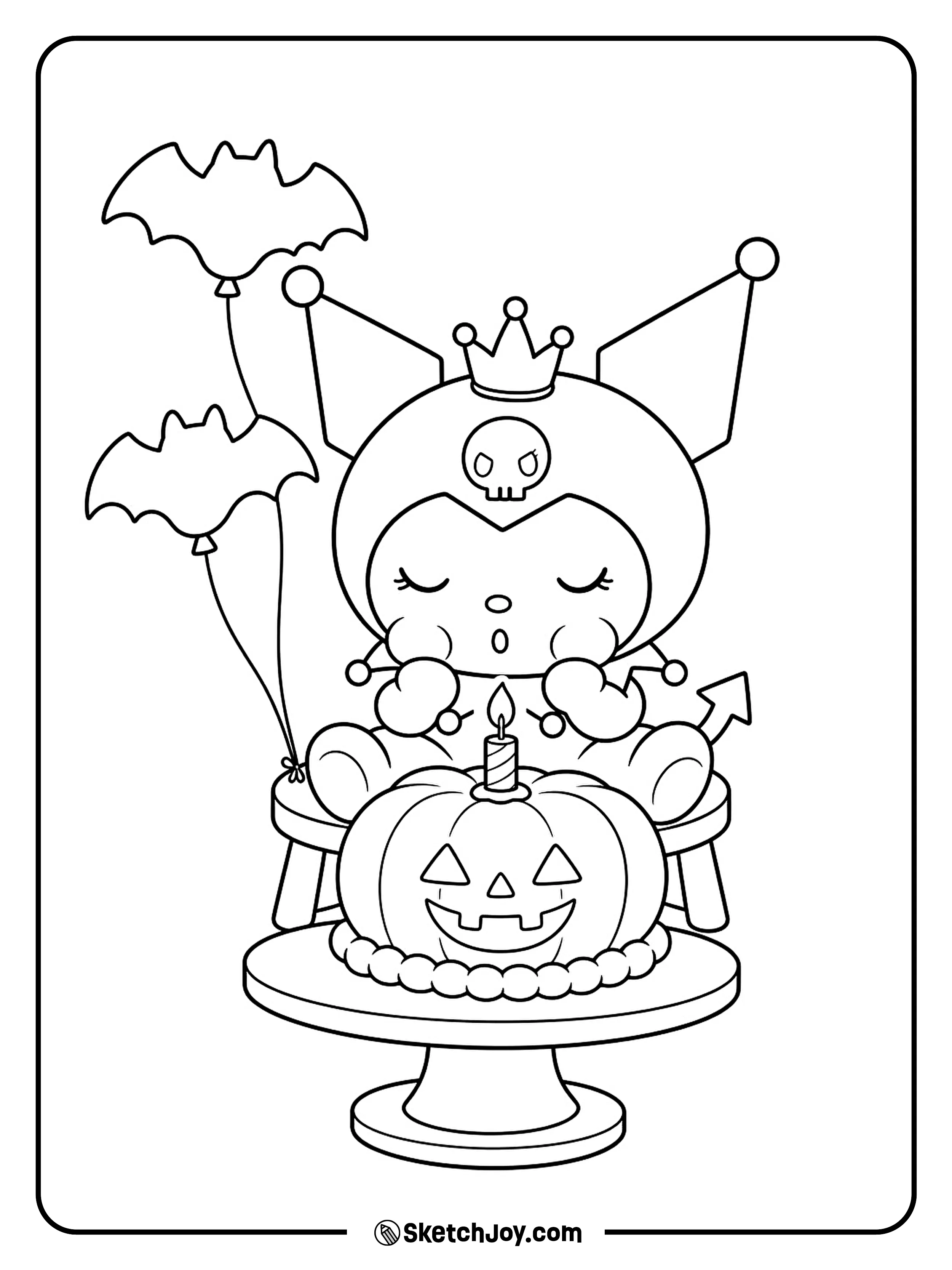Kuromi makes a birthday wish over a pumpkin cake as two bat balloons float above.