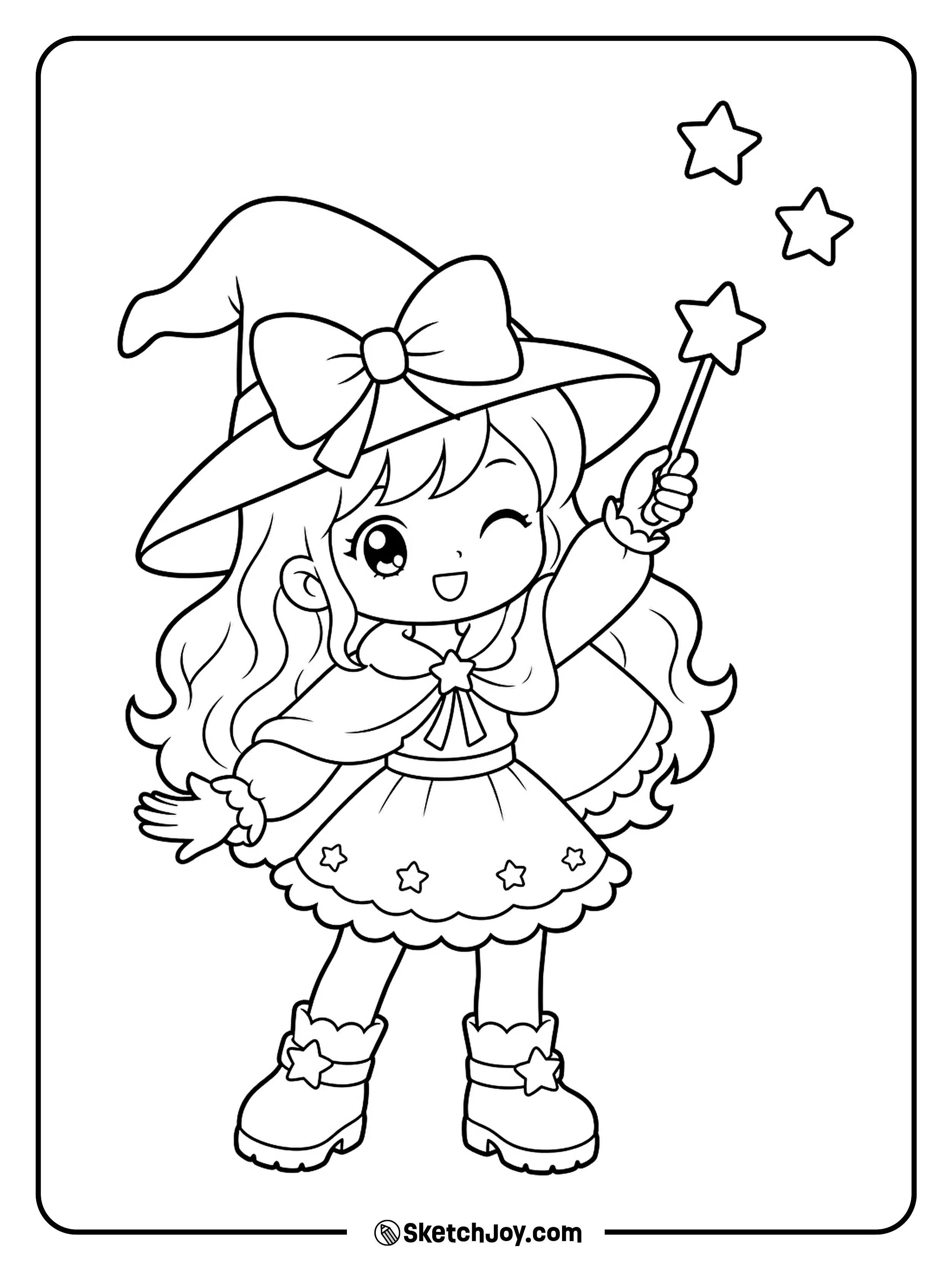 Three stars float from a young witch's wand as she gives a happy wink.