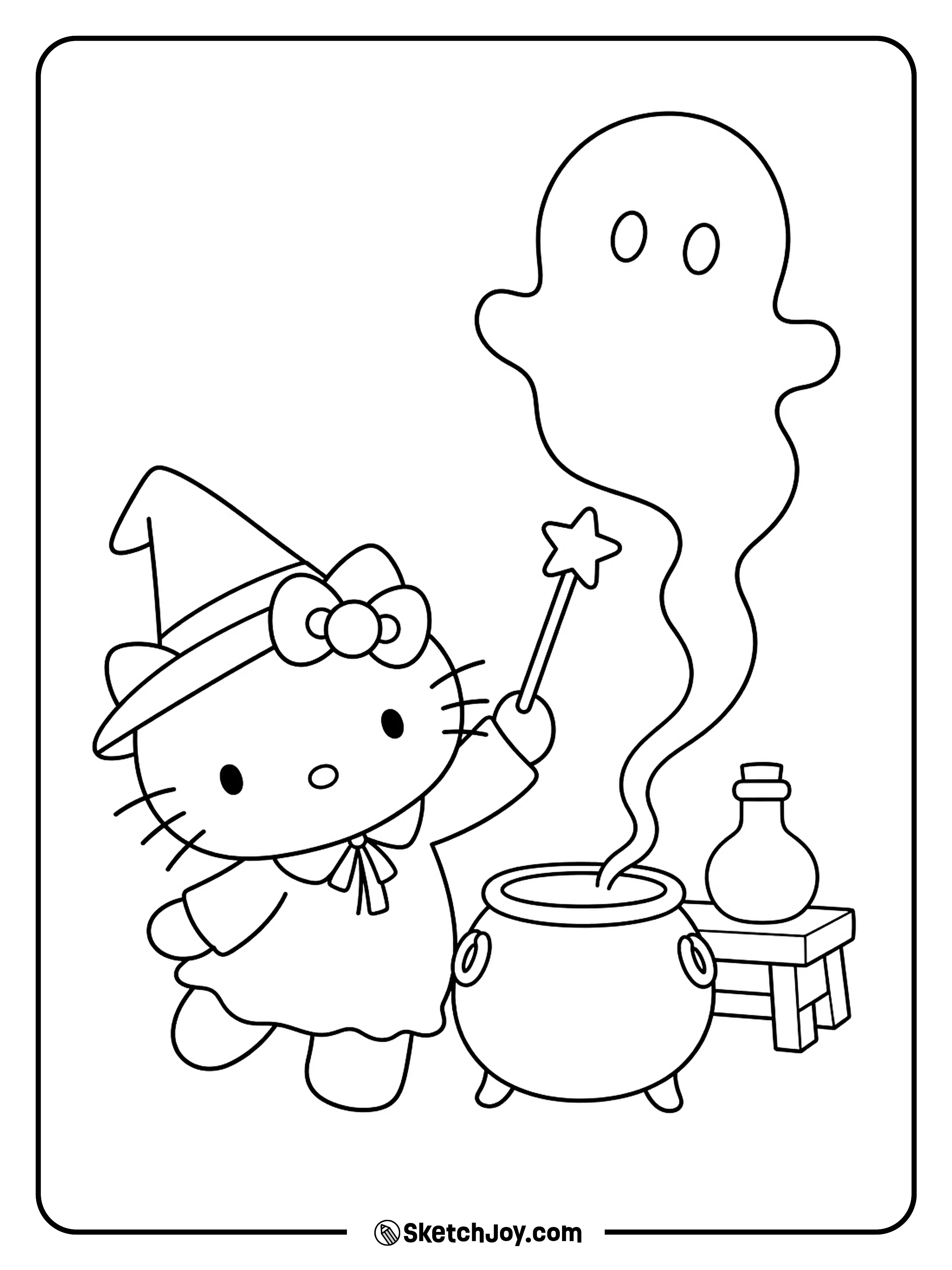 A star wand catches a ghost-shaped bubble drifting from the little pot.