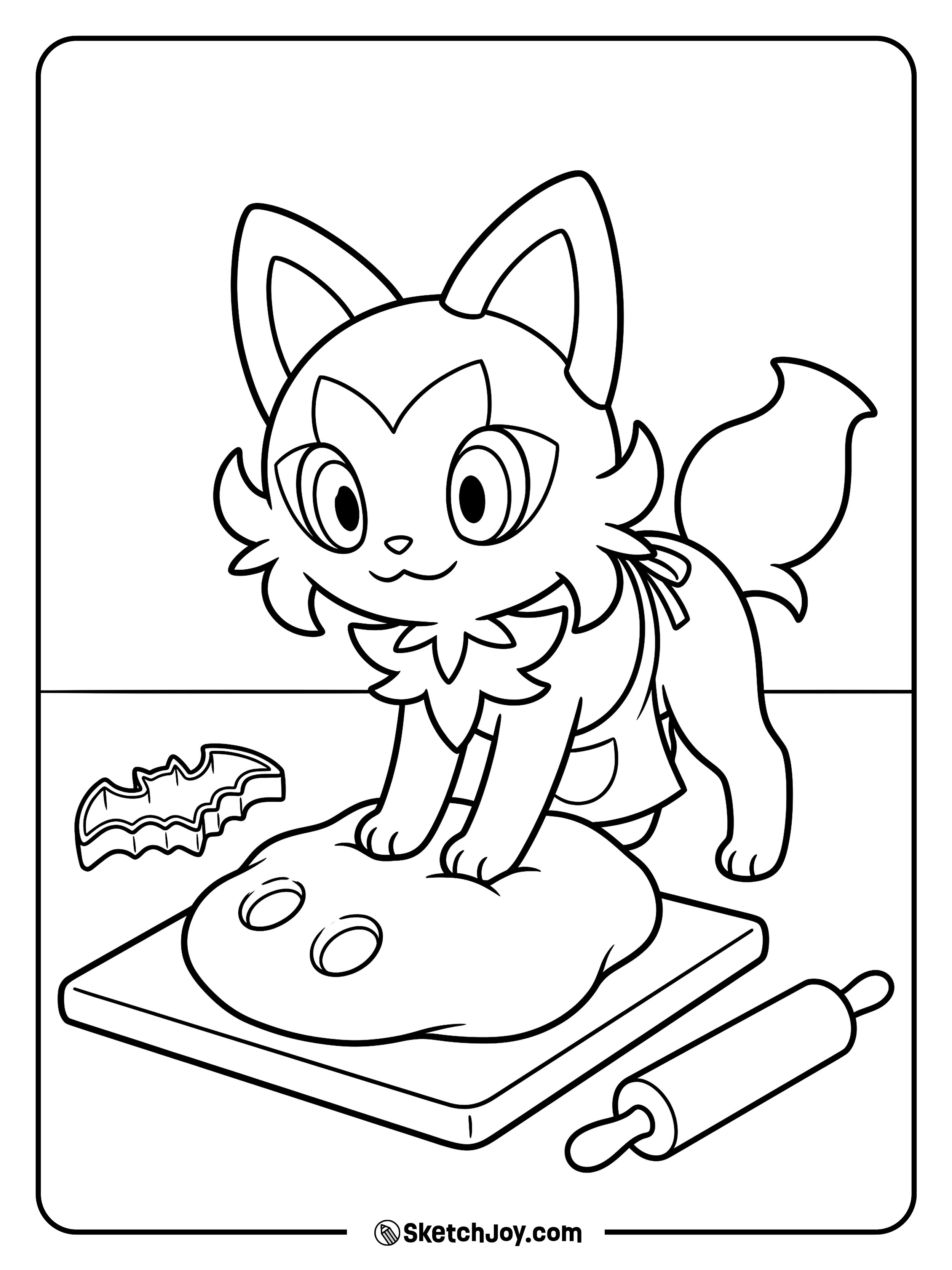 Sprigatito presses a soft piece of dough into a funny ghost shape for the party.