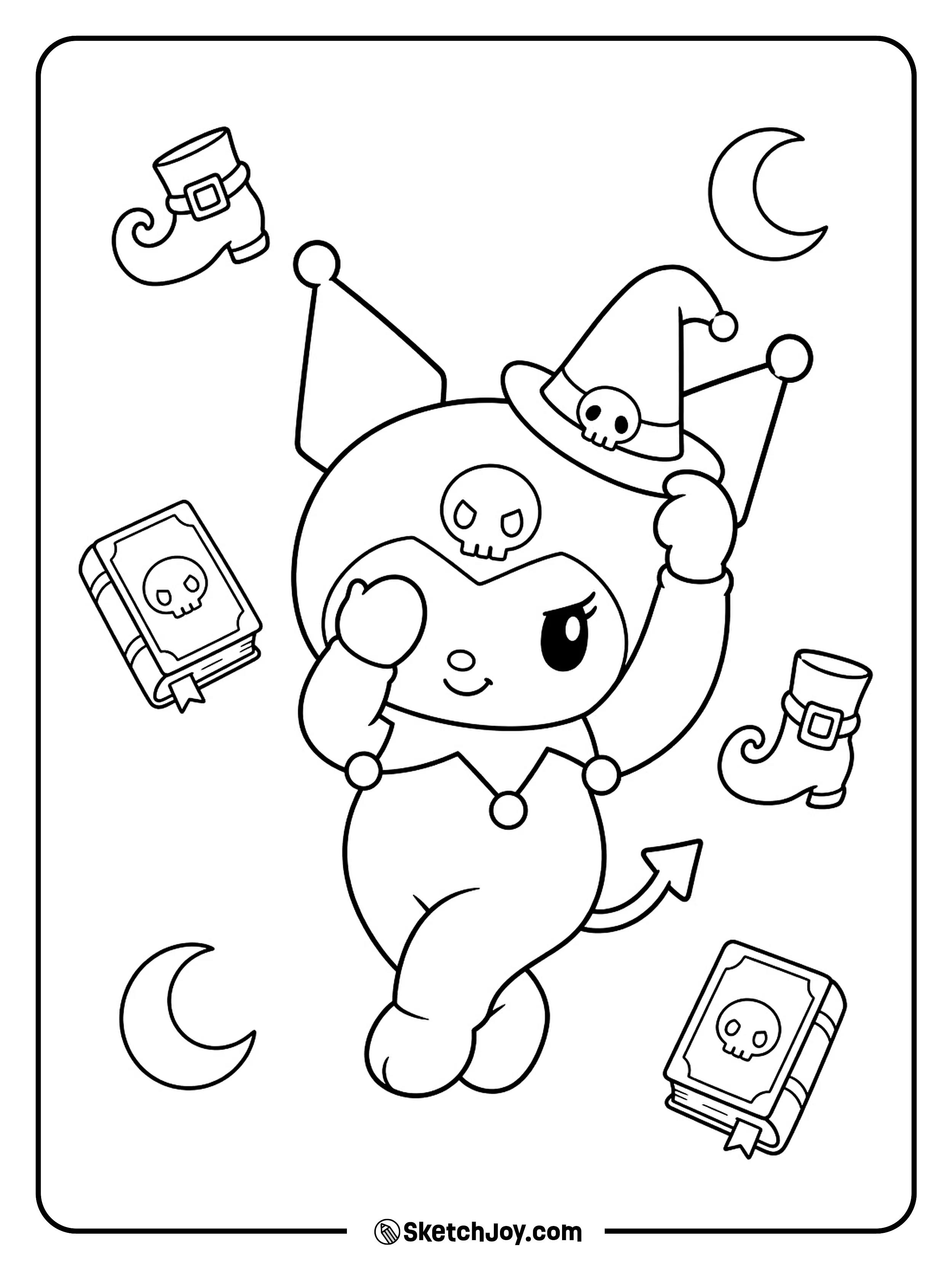 One paw hides an eye beneath a tipped hat, with boots and spellbooks floating nearby.