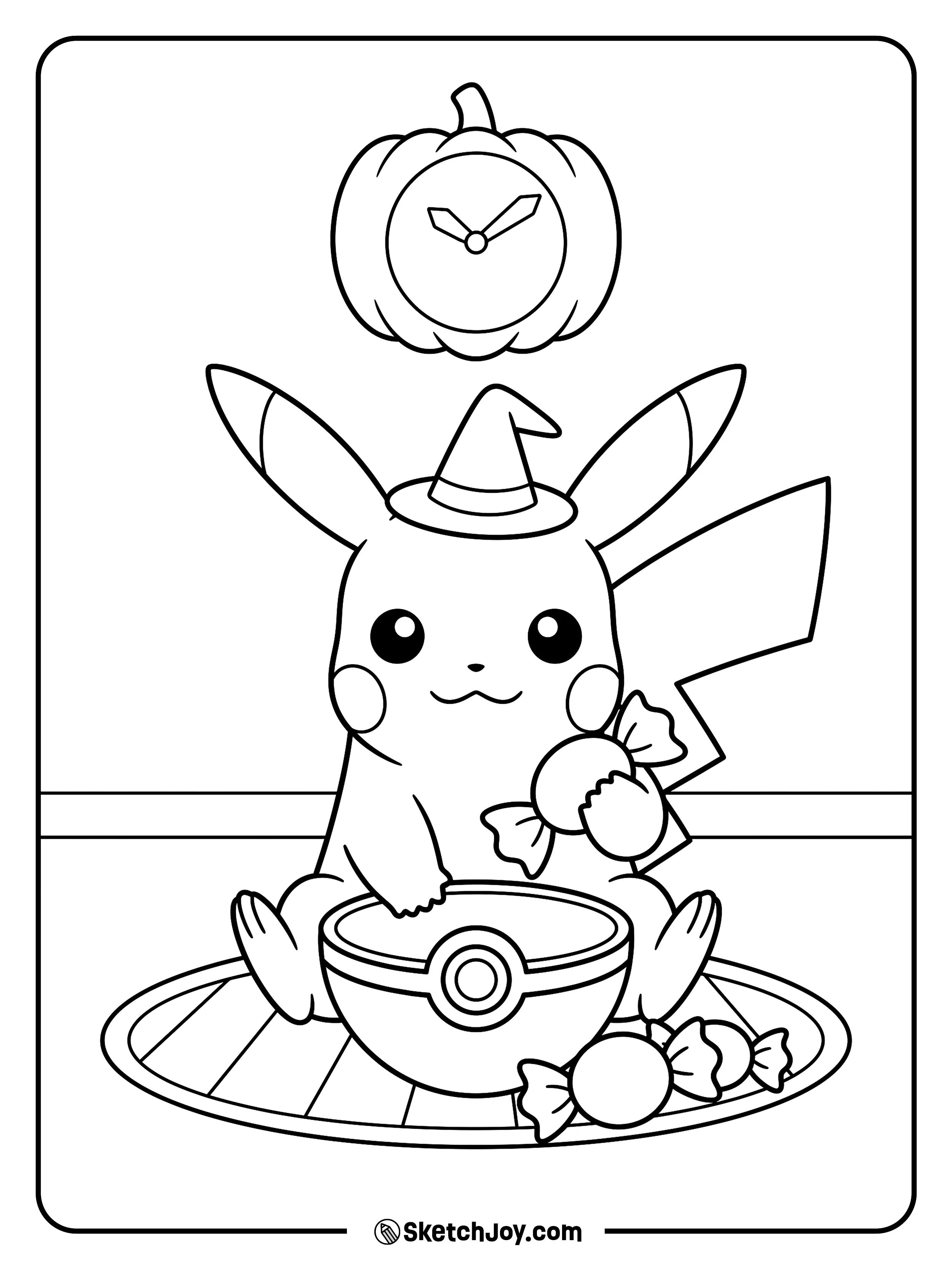 A cheerful little witch sorts round treats into a Poké Ball bowl after a busy night.