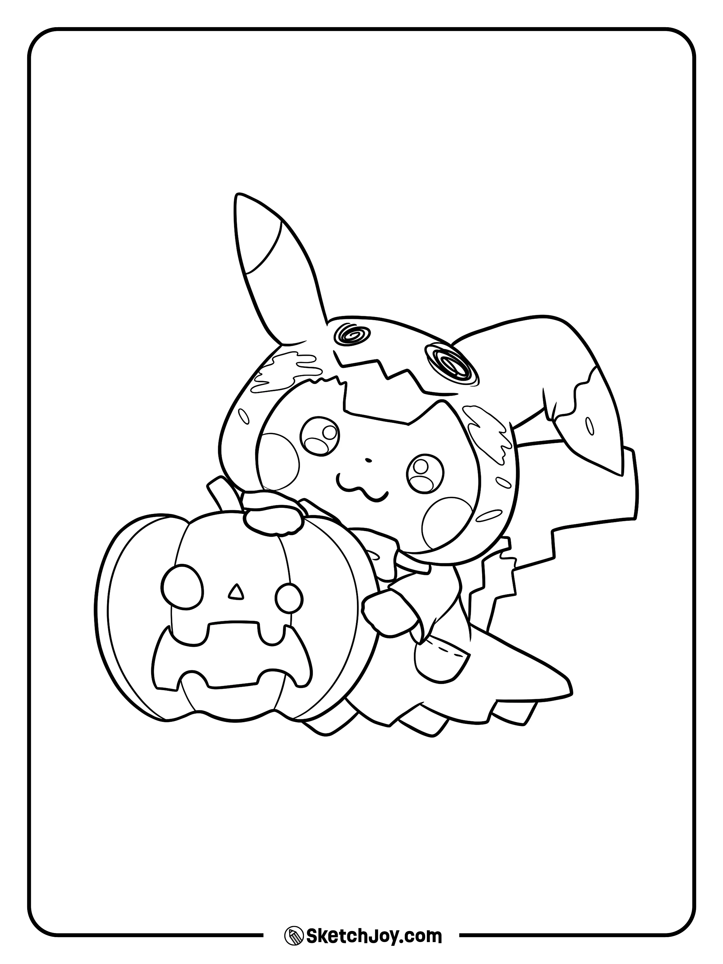 A ragged hood and floppy ear complete a playful costume beside a wide-mouthed jack-o'-lantern.