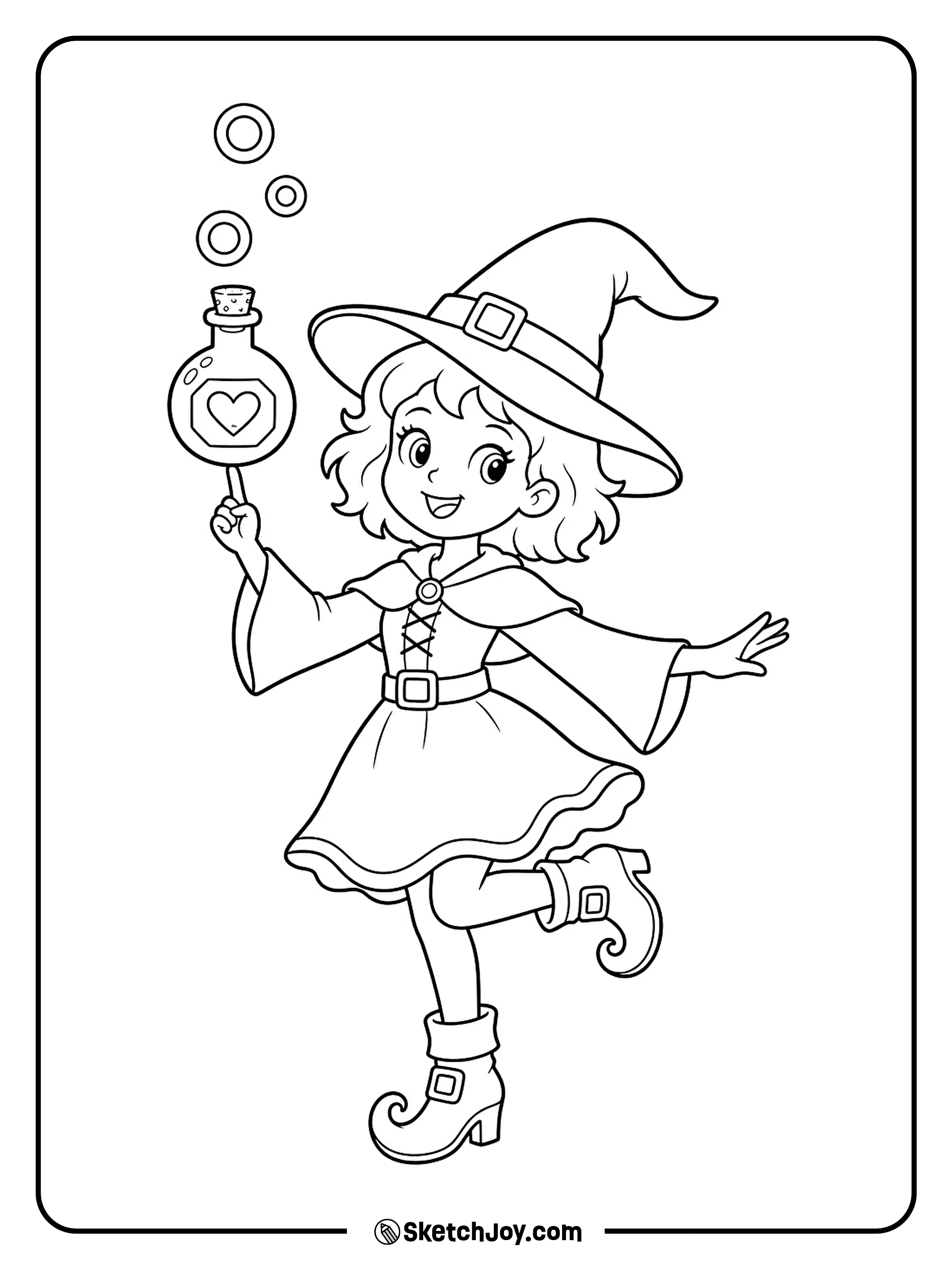 A witch balances a round potion bottle on one finger while standing on one foot.