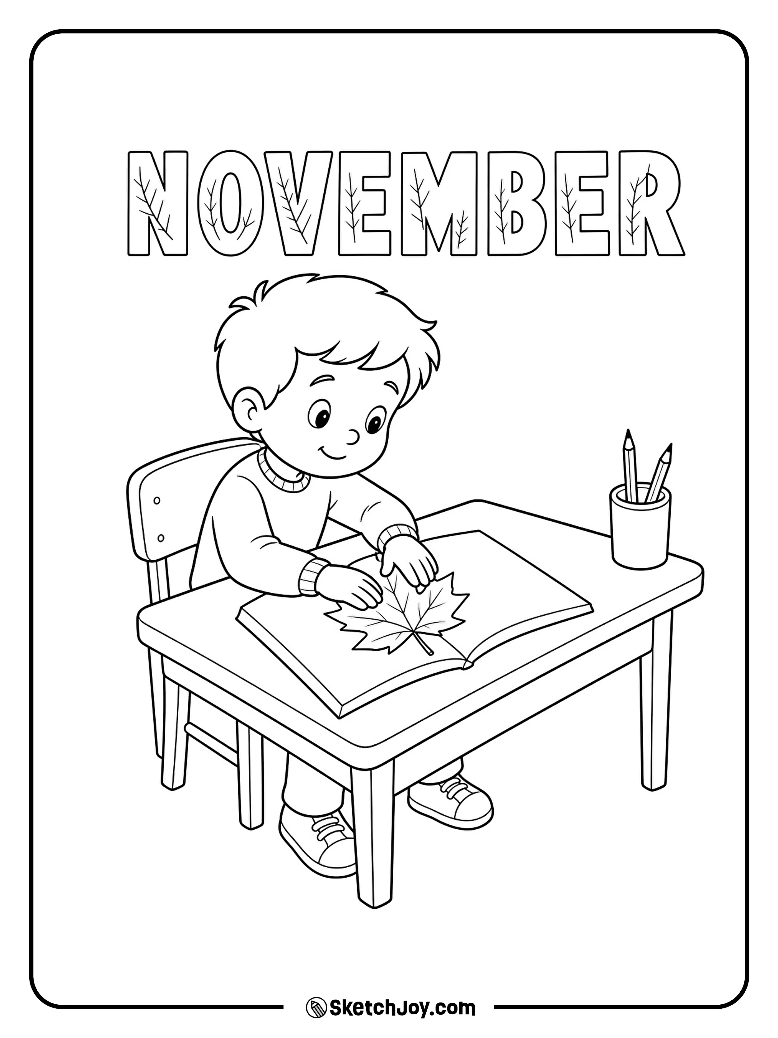 A child lays a maple leaf inside an open book at a small desk.