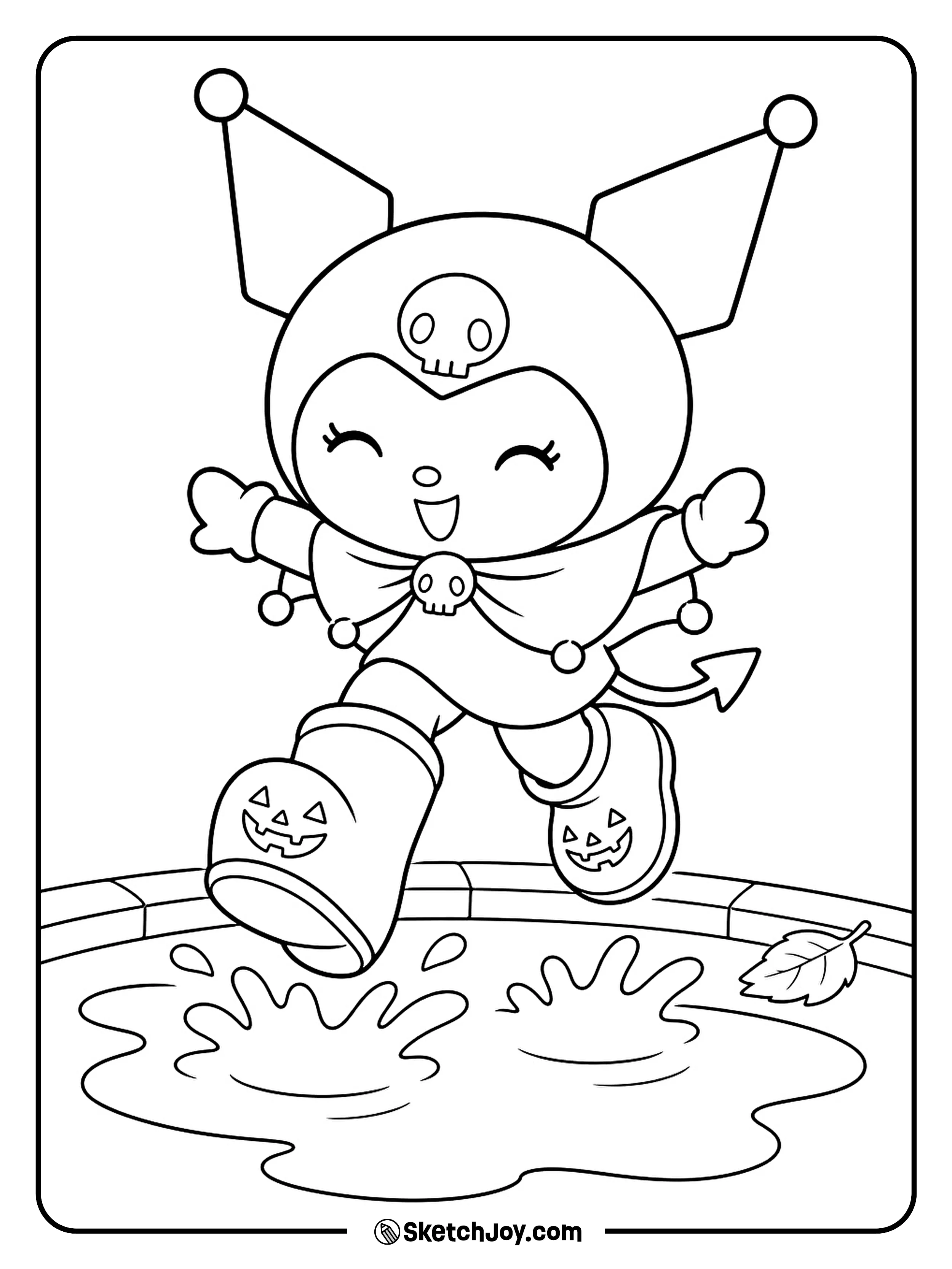Chunky pumpkin boots clear a puddle while a little cape swings through the air.