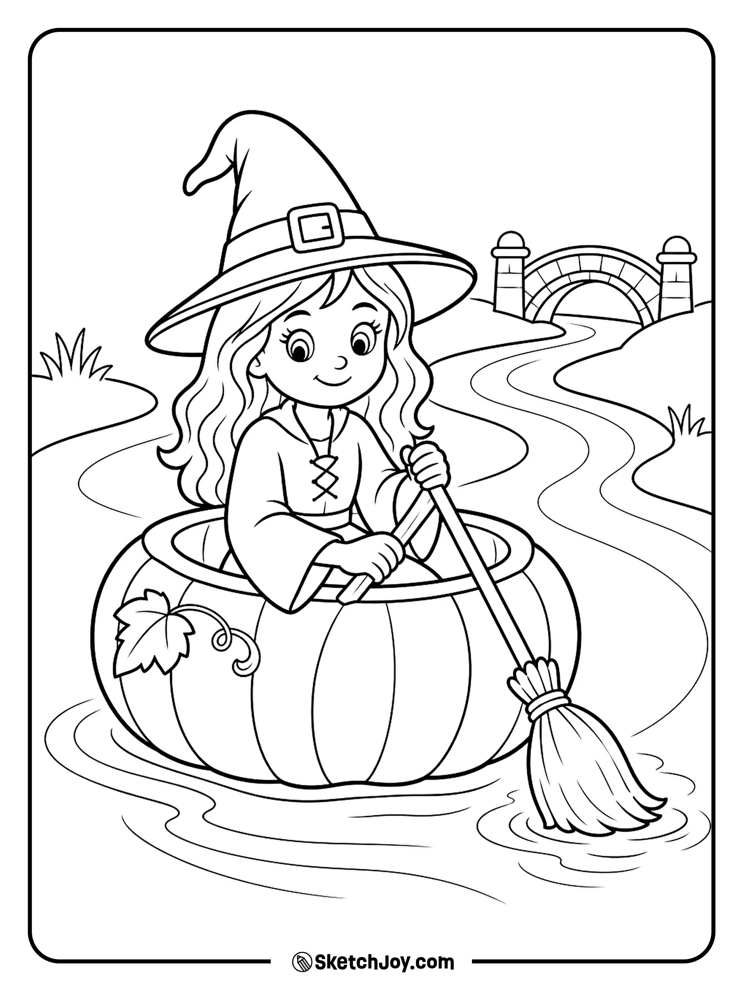 A witch paddles her pumpkin boat toward a little bridge with a broom.