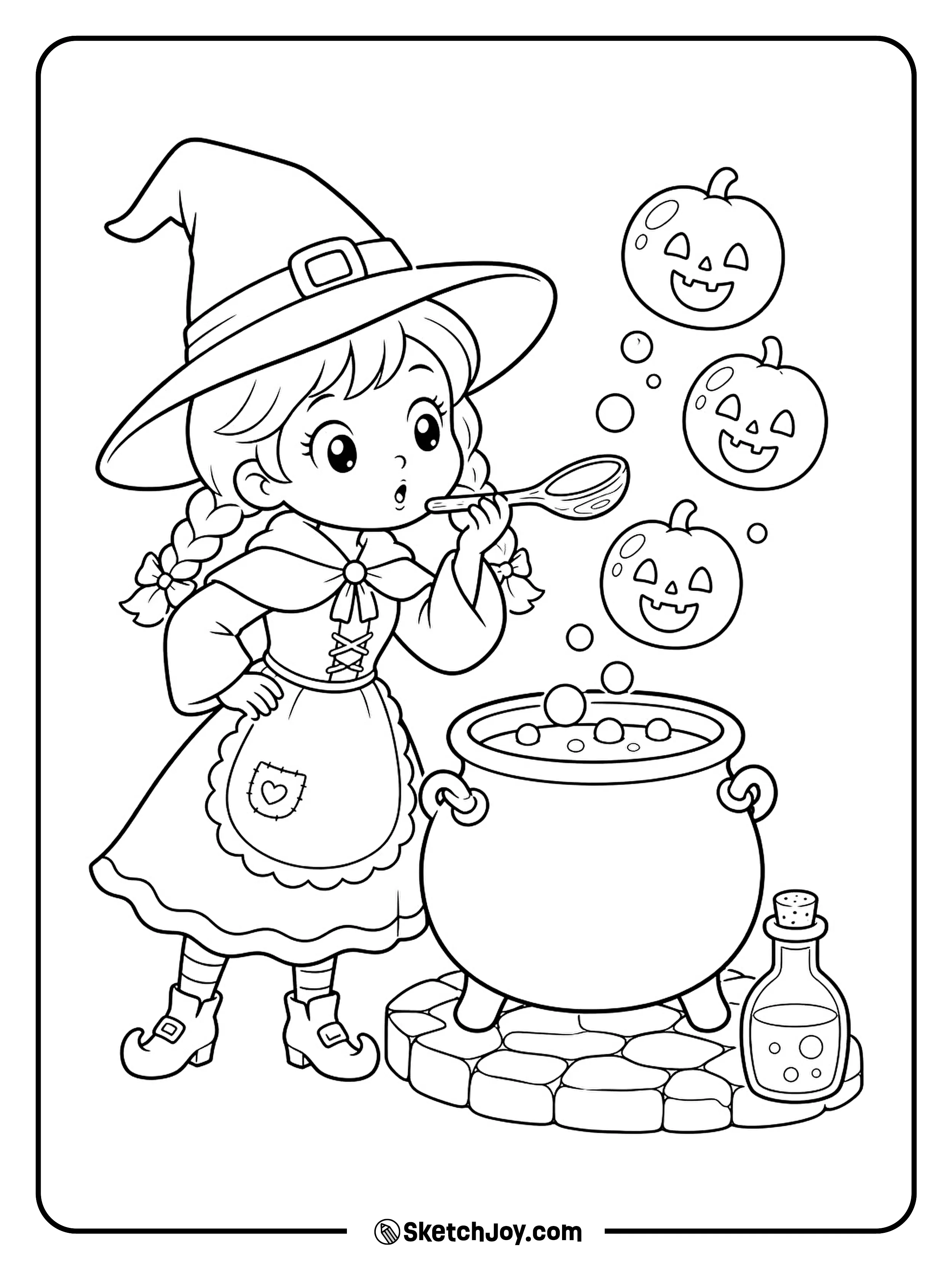Pumpkin-shaped bubbles float from a spoon as a witch tests her bubbling brew.
