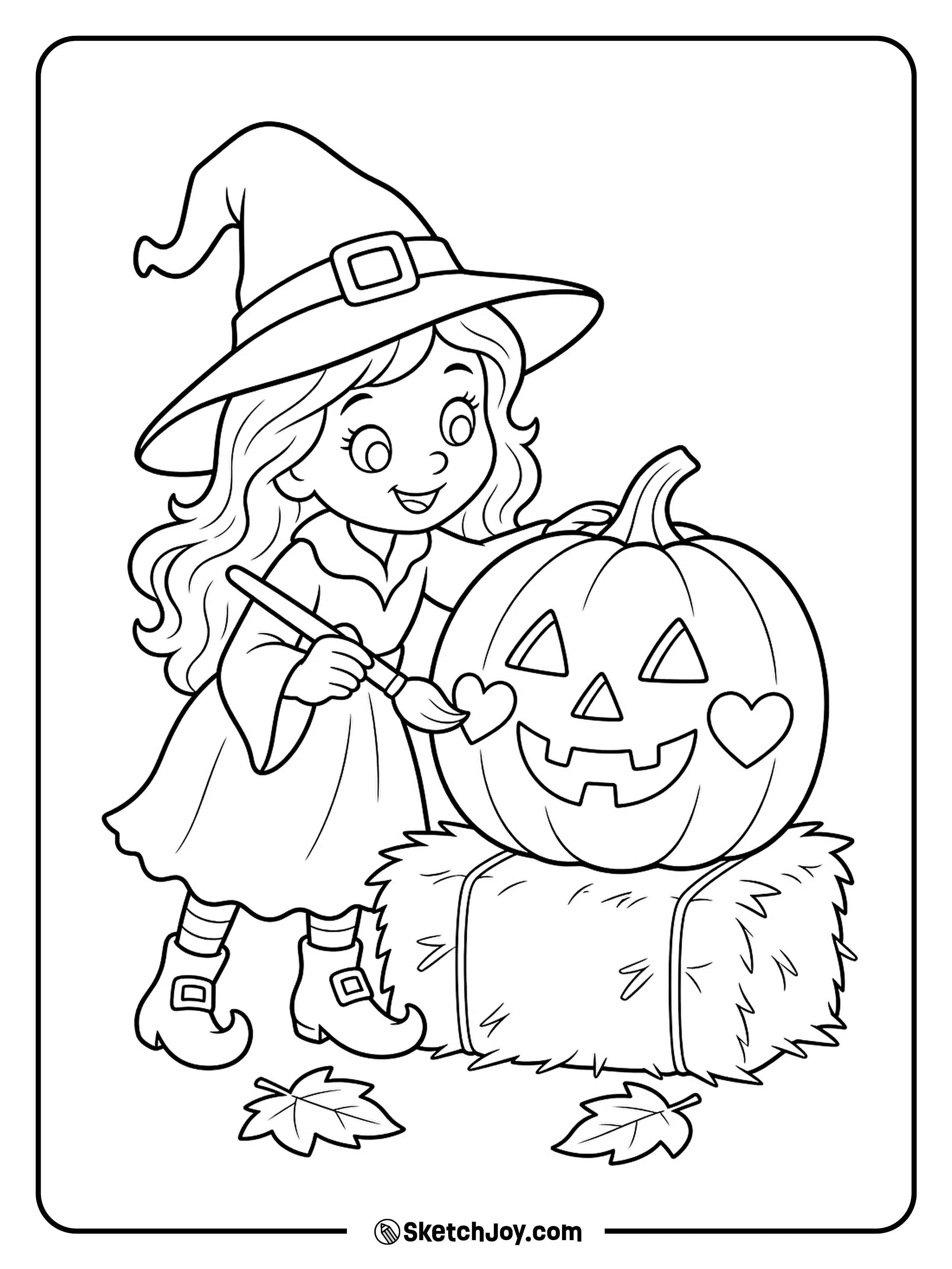 A witch adds heart-shaped cheeks to a smiling pumpkin on a hay bale.