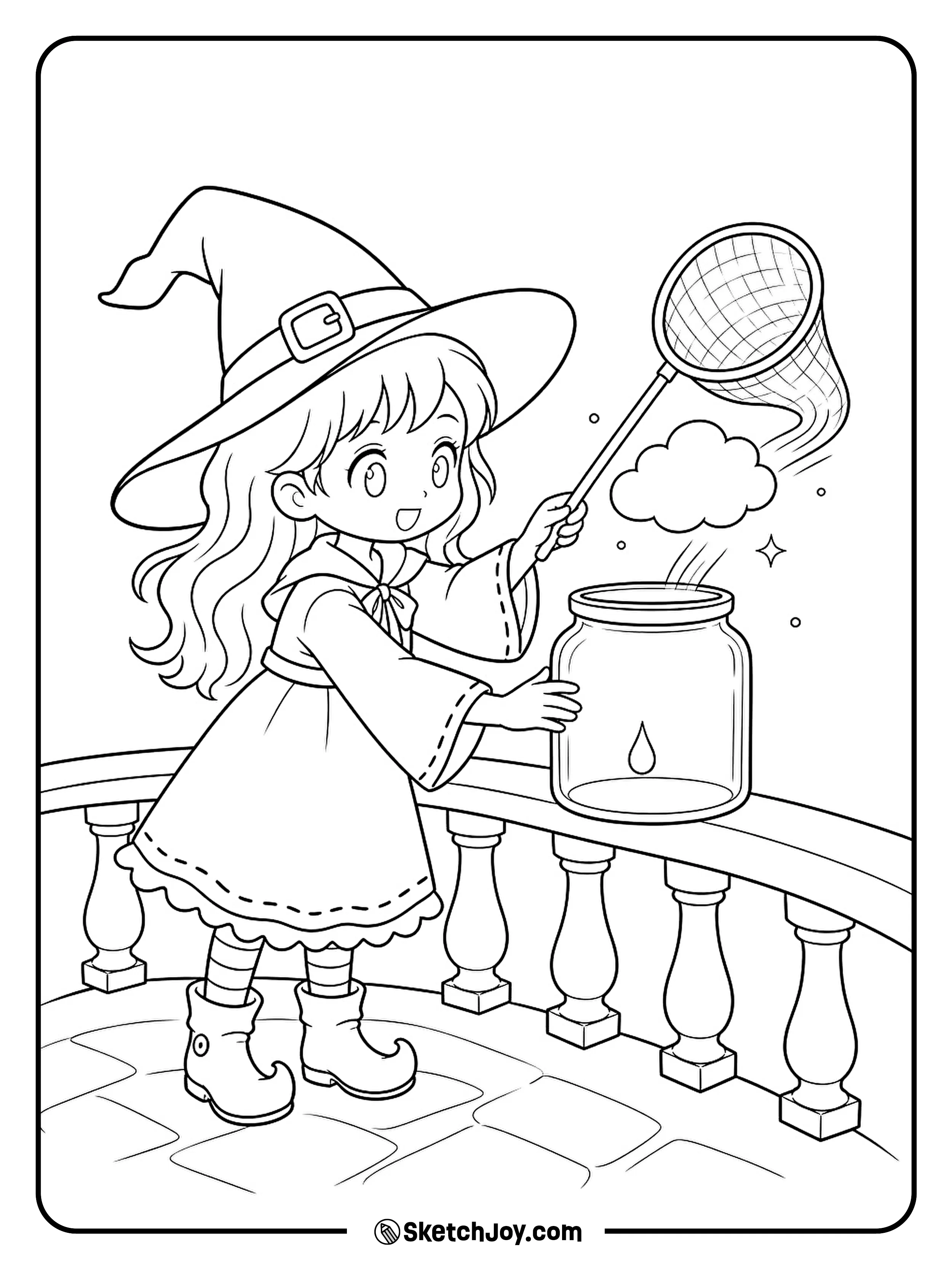 A little witch guides a tiny raincloud into a jar on her balcony.
