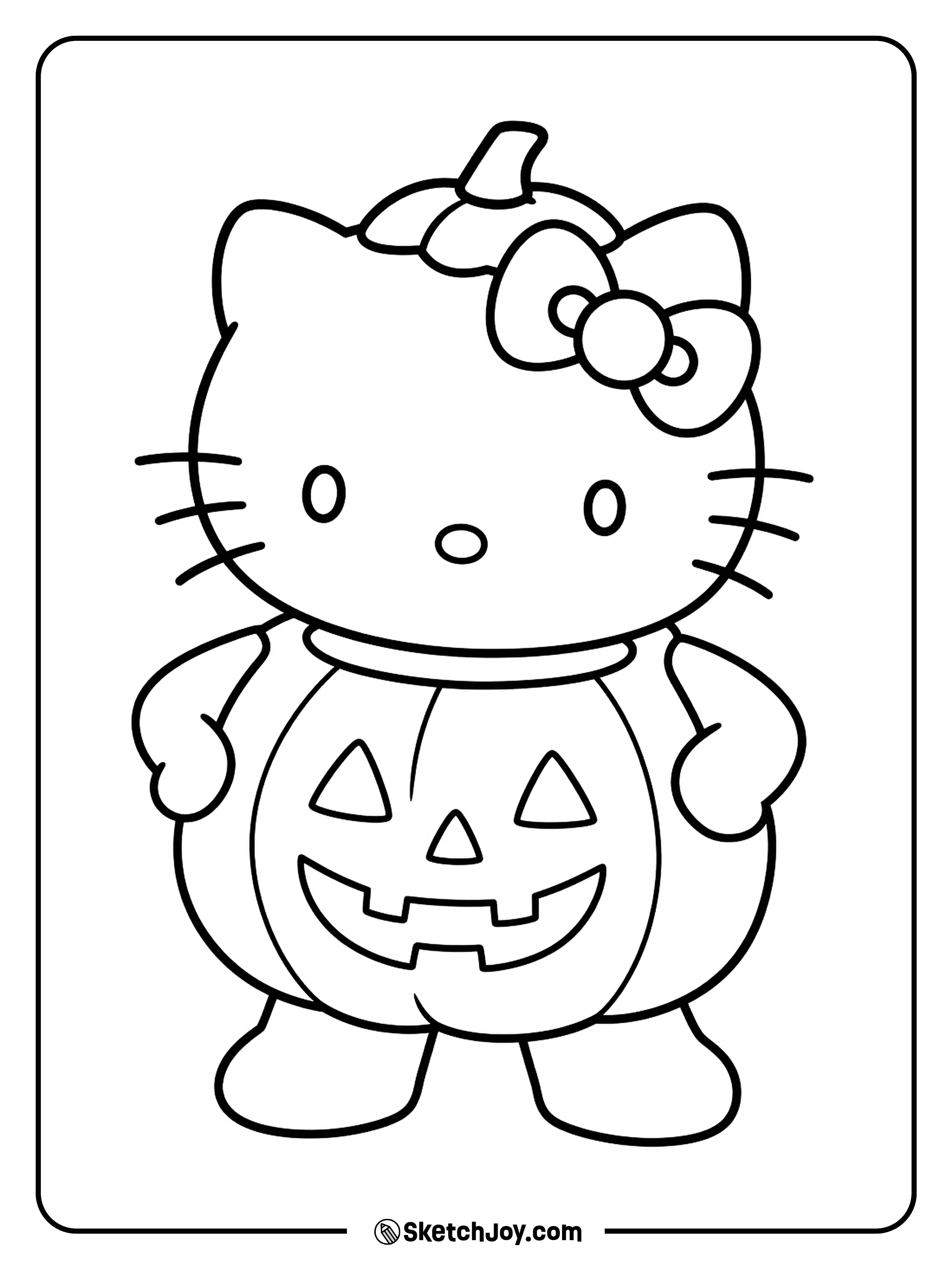 A pumpkin suit gets a confident pose with both paws on the hips.