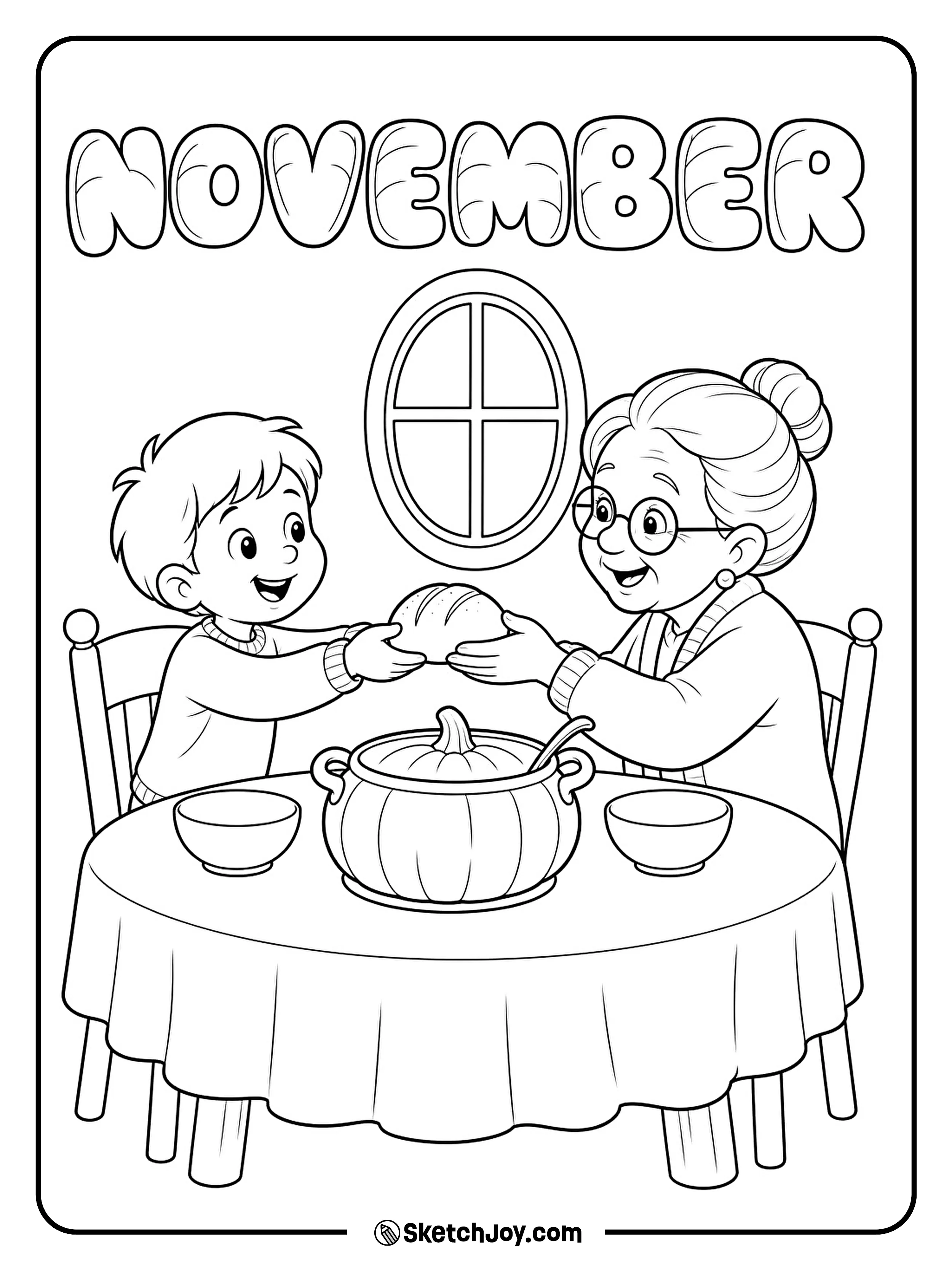 A child passes a bread roll to a grandparent across a small Thanksgiving table.