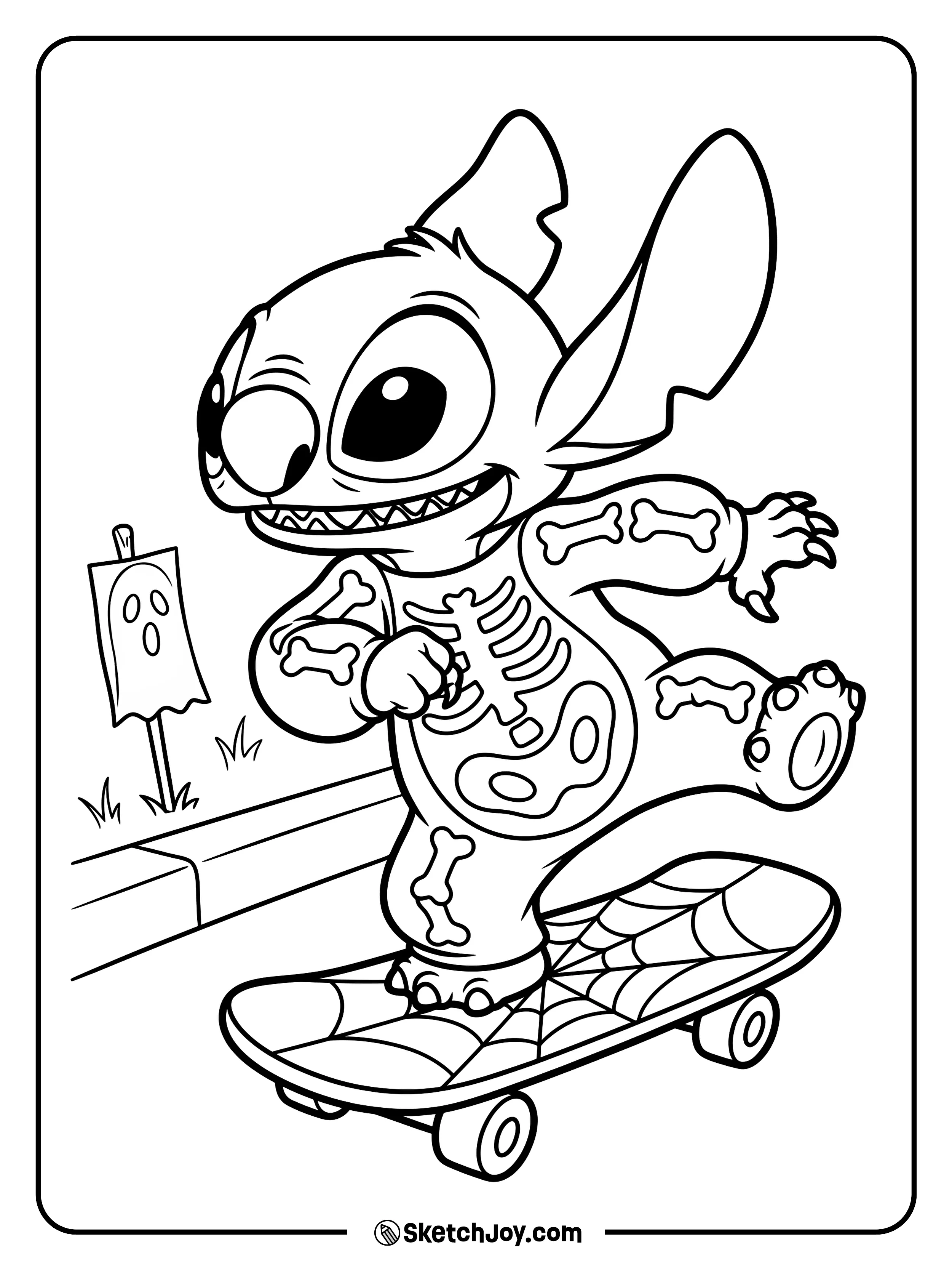 A skeleton suit and a steady foot make this sidewalk ride stand out.