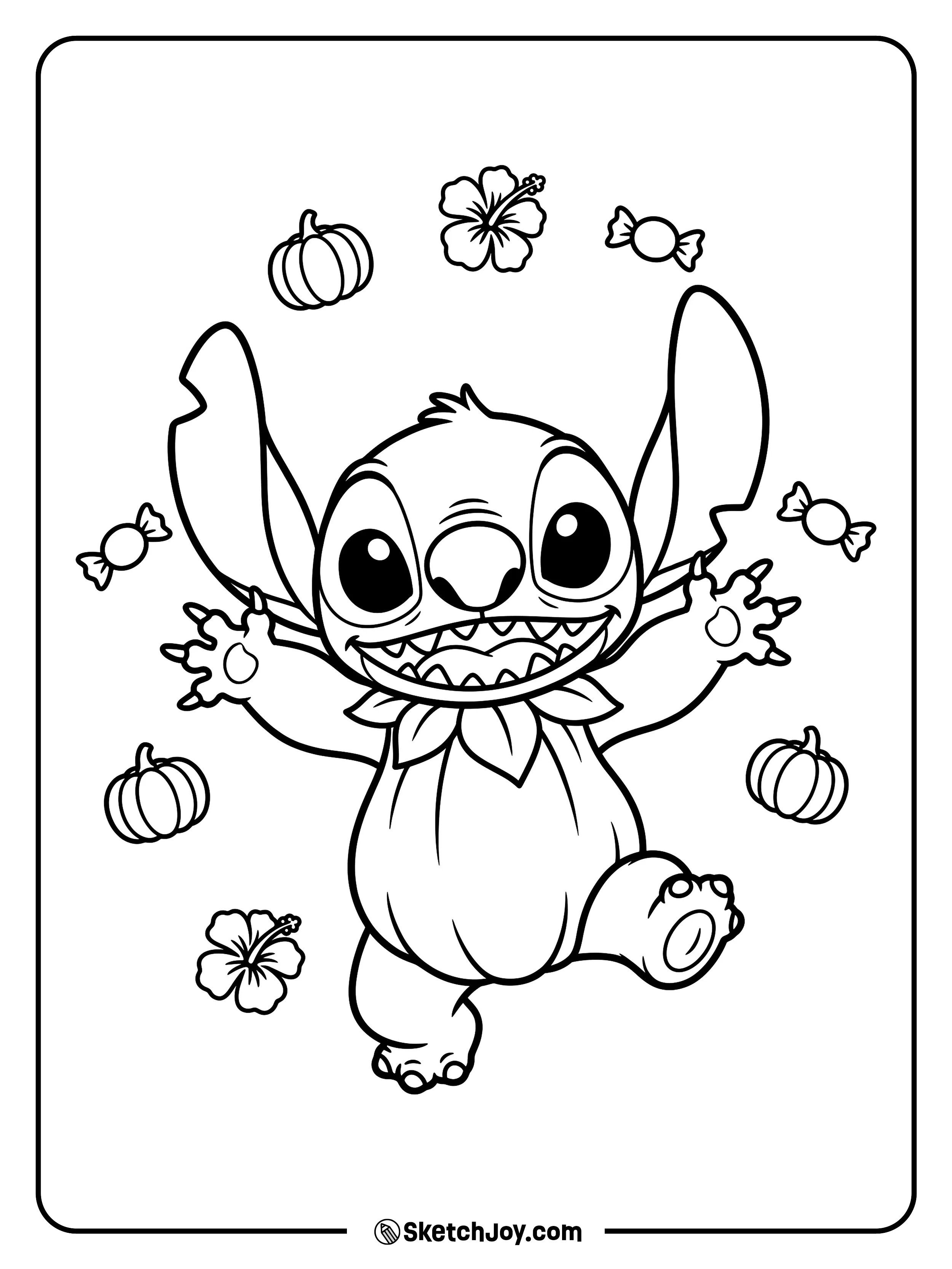 A joyful jump sits among small pumpkins, hibiscus flowers, and wrapped sweets.