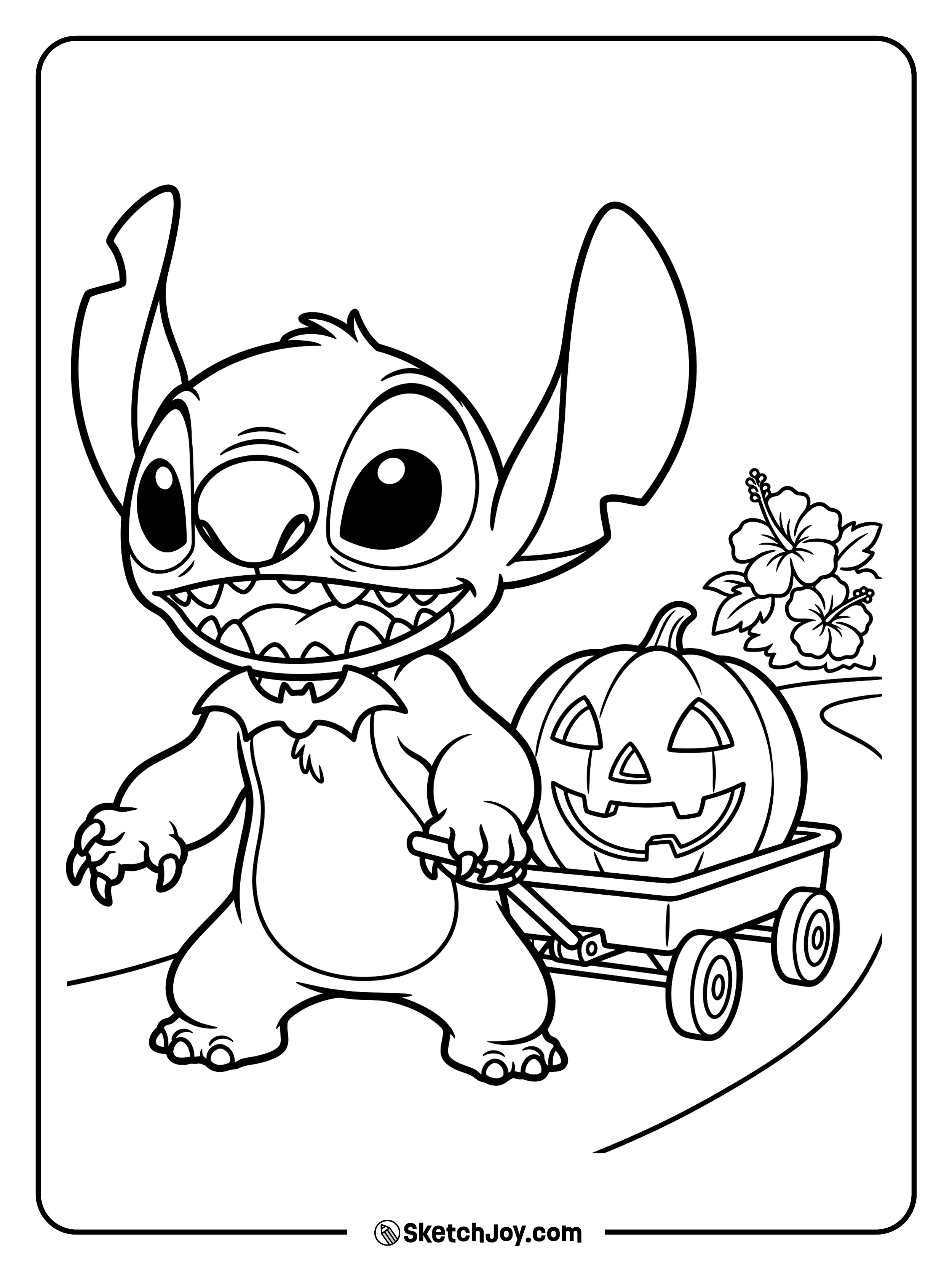 A little wagon carries a grinning pumpkin along a curved garden path.