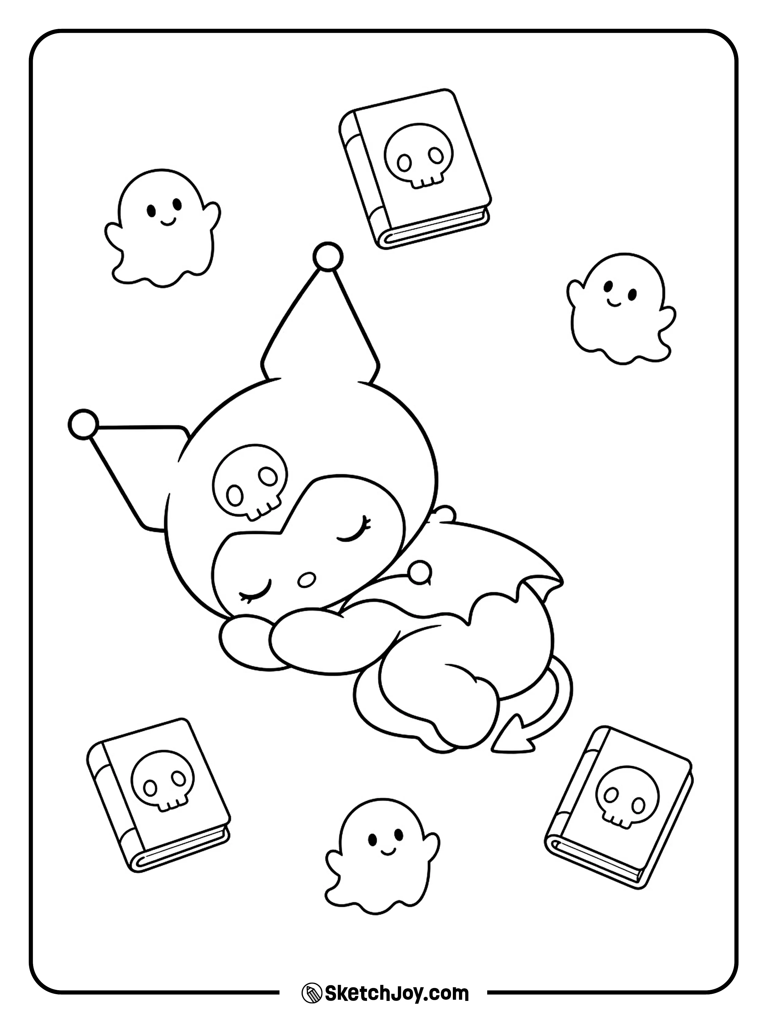 A curled-up nap is wrapped in a soft pattern of ghost charms and tiny diaries.
