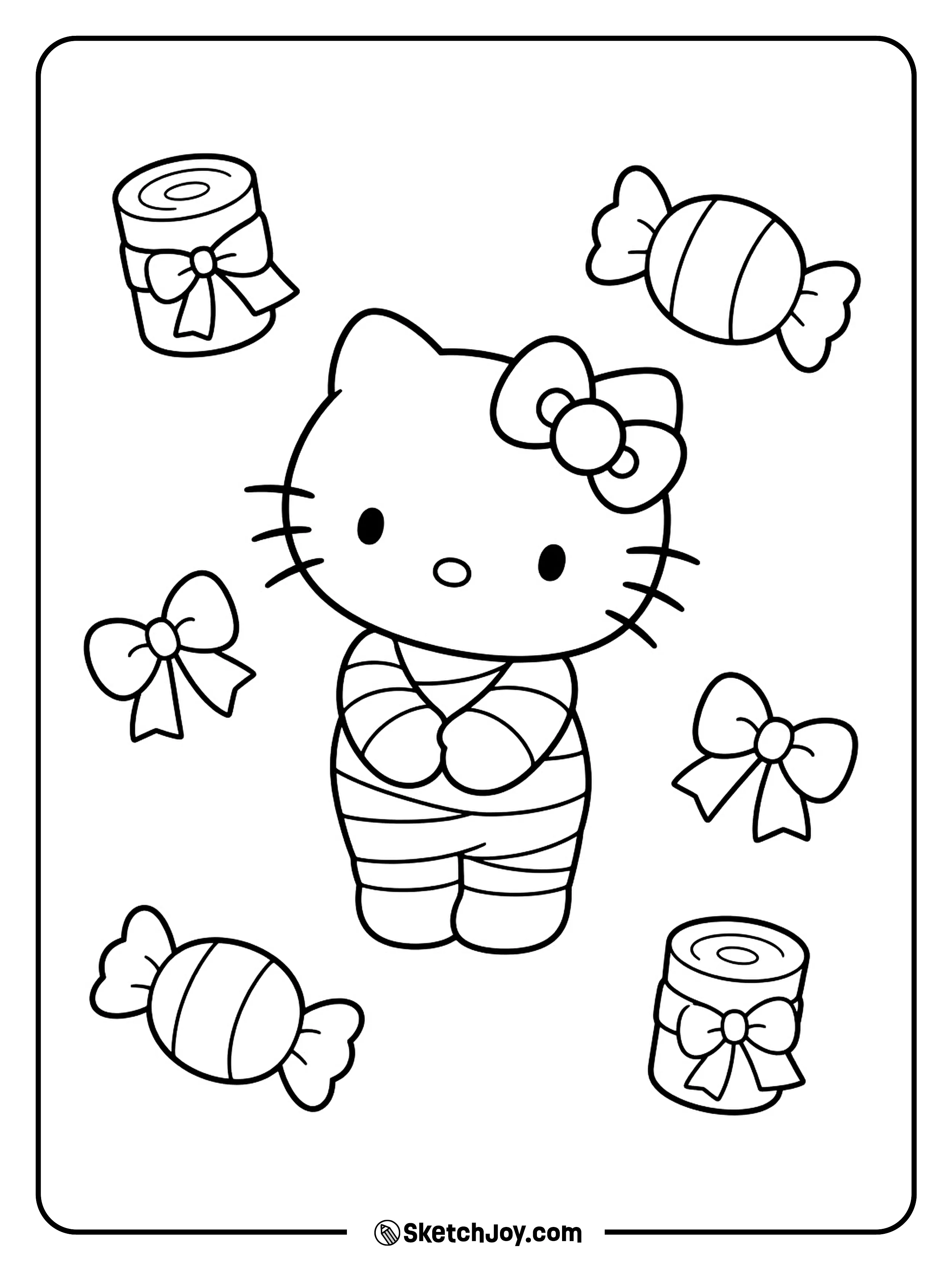 A tidy mummy pose rests between rolled bandages and striped wrapped sweets.