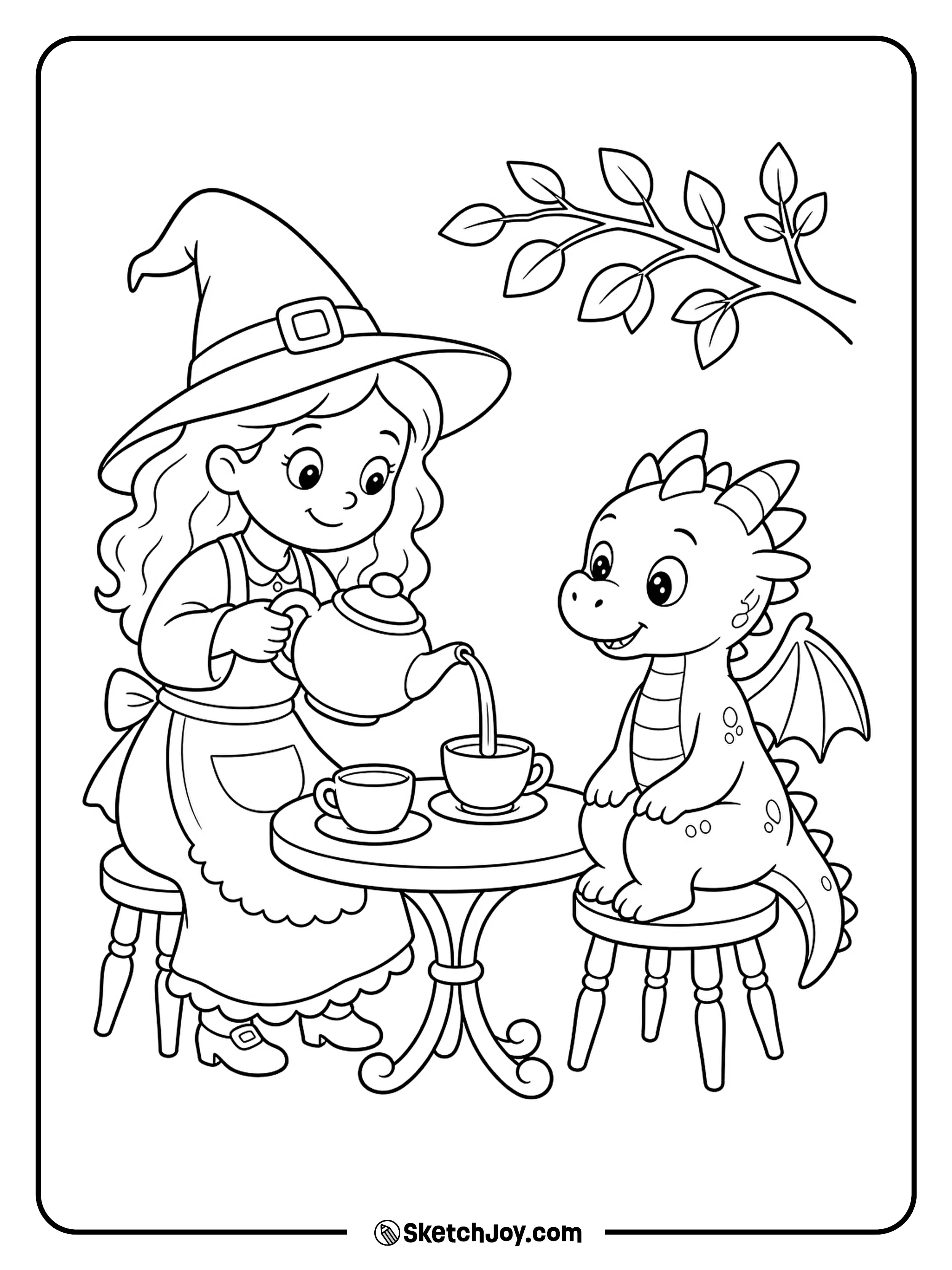 A tiny dragon waits at a garden table while a witch pours its tea.