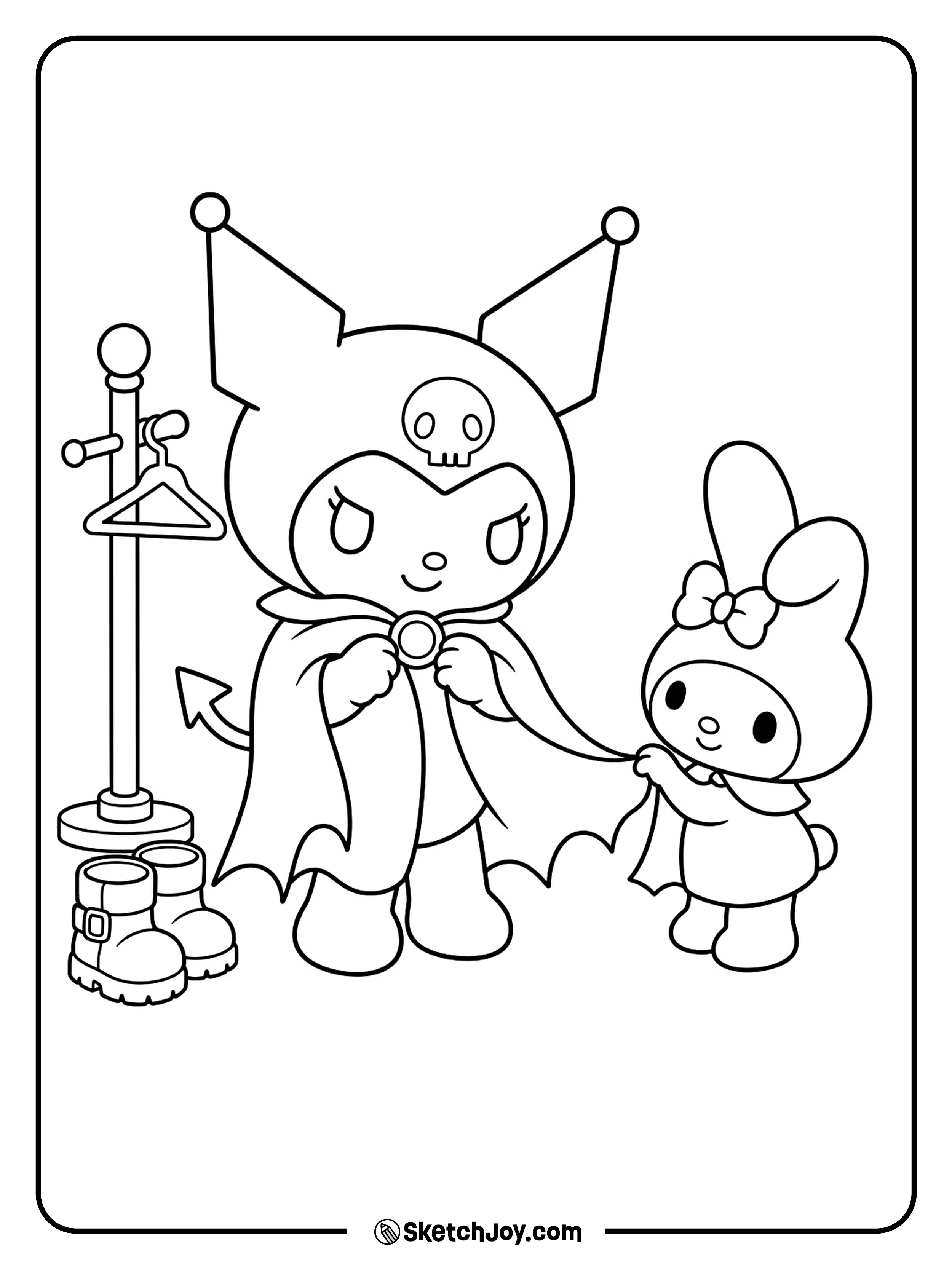 My Melody checks the edge of a bat cape while her friend fastens the clasp.