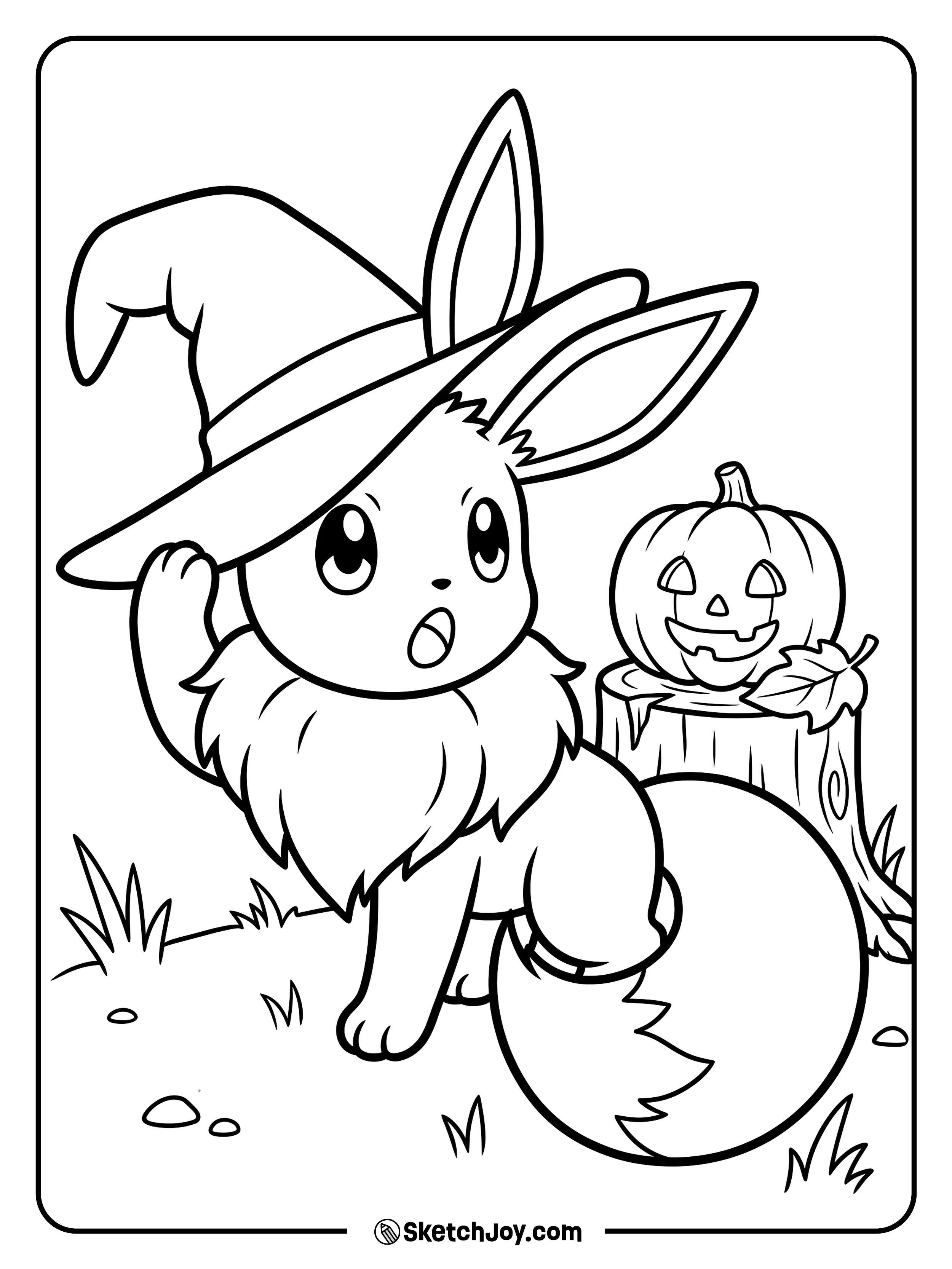 One lifted paw keeps an oversized witch hat from sliding over two bright eyes.