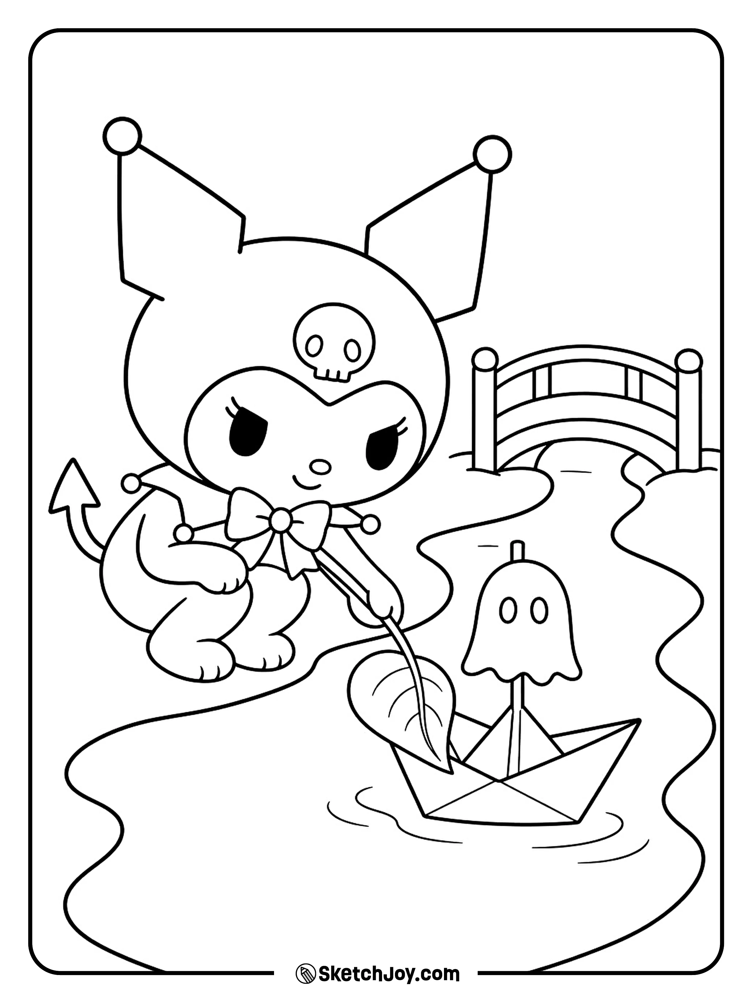 Kuromi guides a paper boat with a ghost sail along a narrow garden stream.