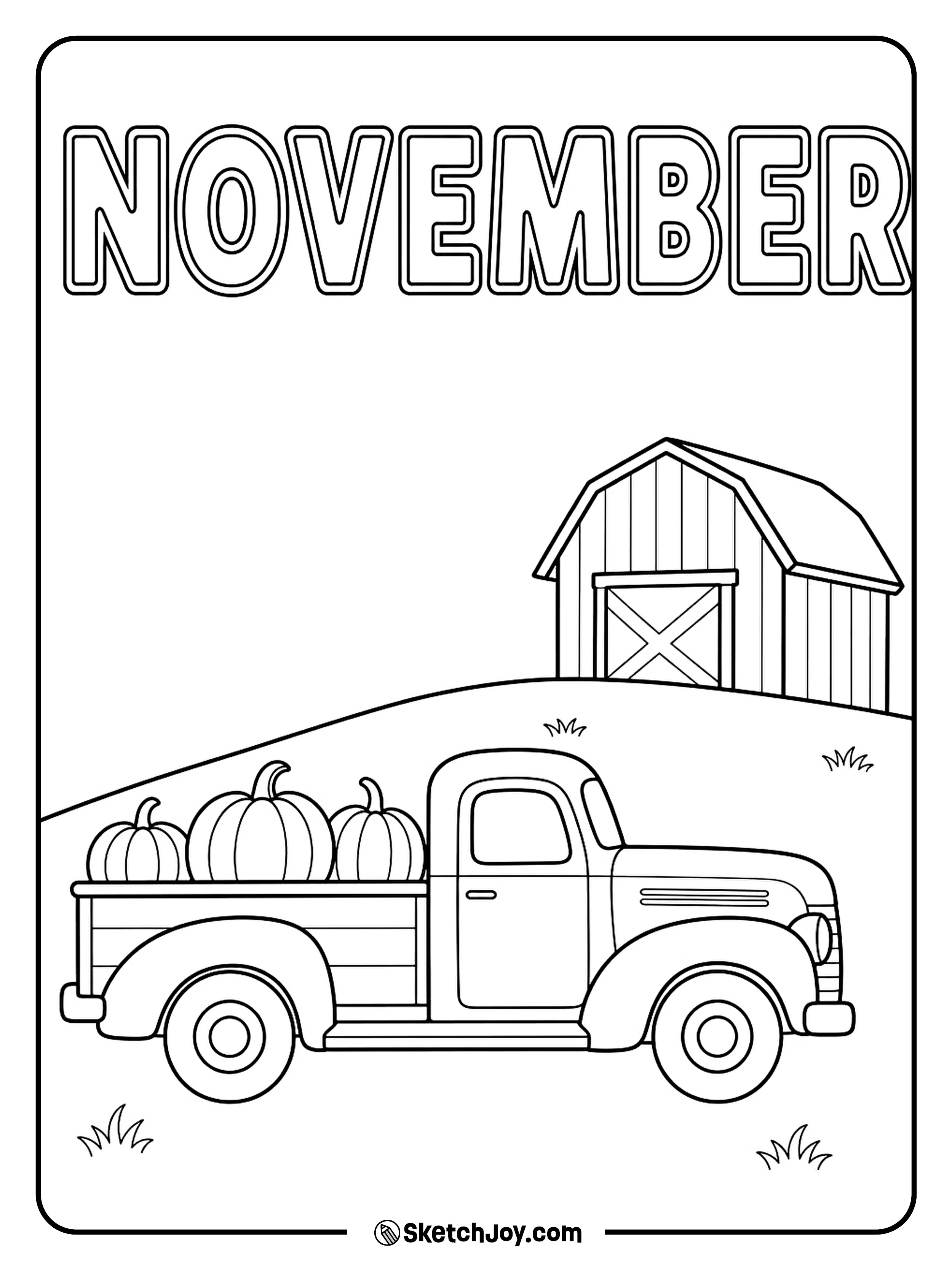 An old pickup carries three pumpkins along a low hill near a small barn.