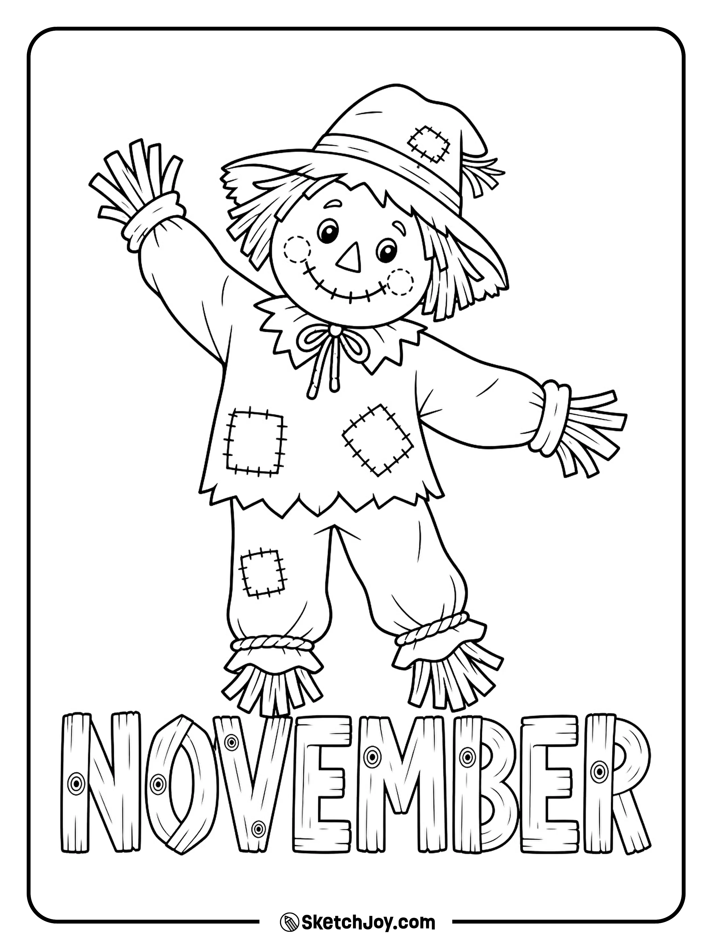 A smiling scarecrow waves above November letters shaped like short wooden boards.