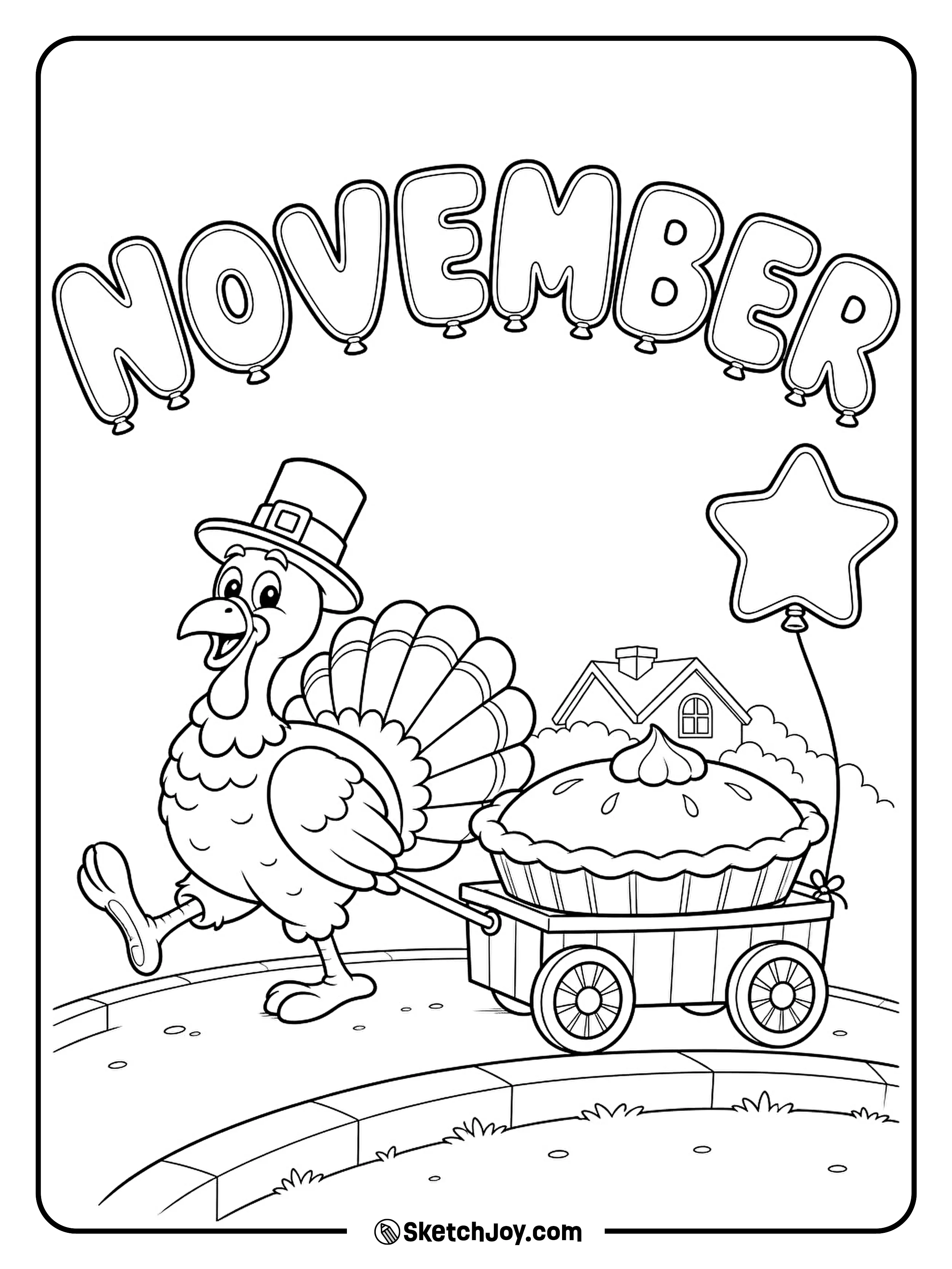 A turkey pulls a tiny parade cart carrying a giant pumpkin pie.