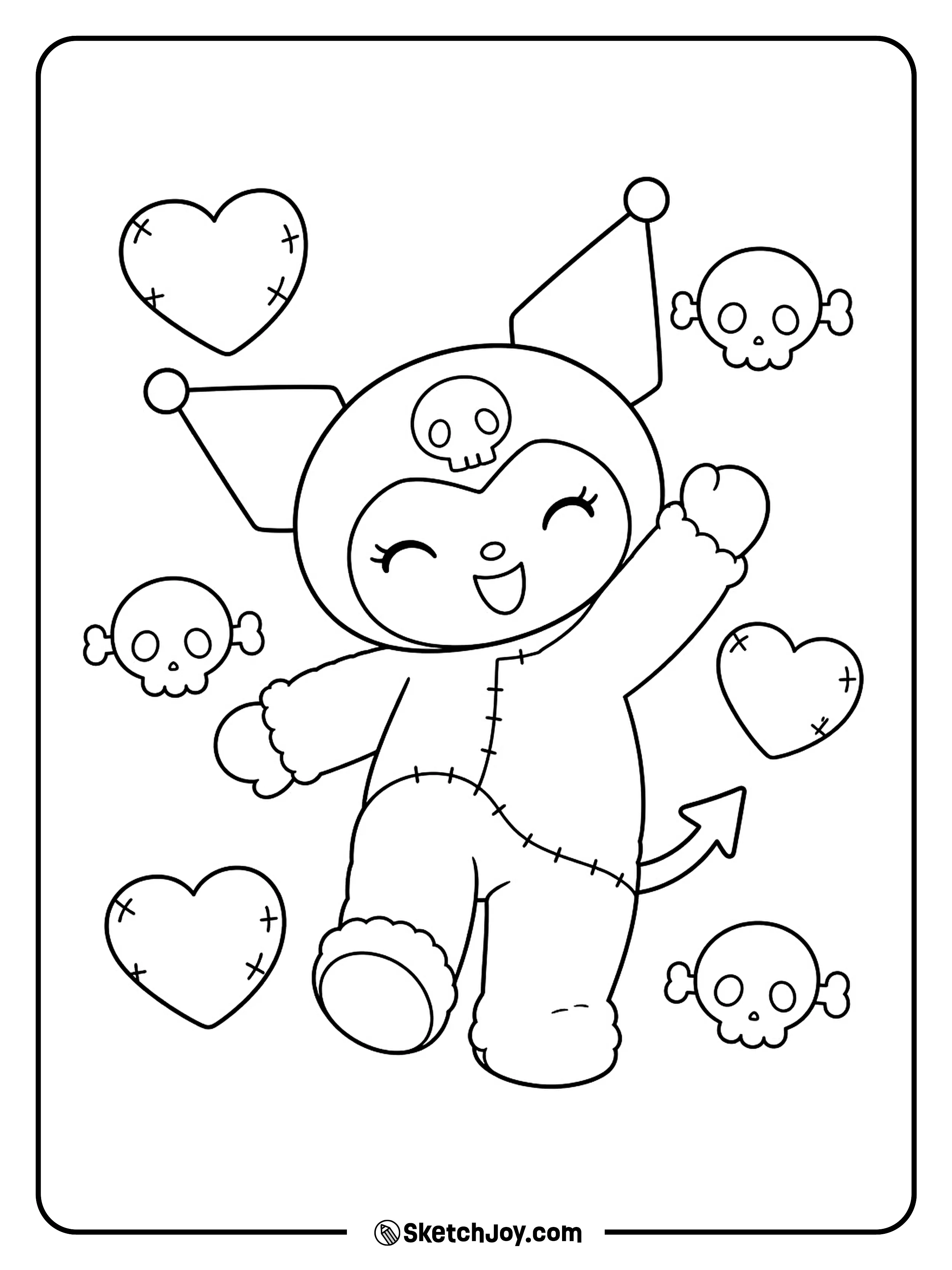A silly monster stomp joins floating stitched hearts and skulls with round bolts.