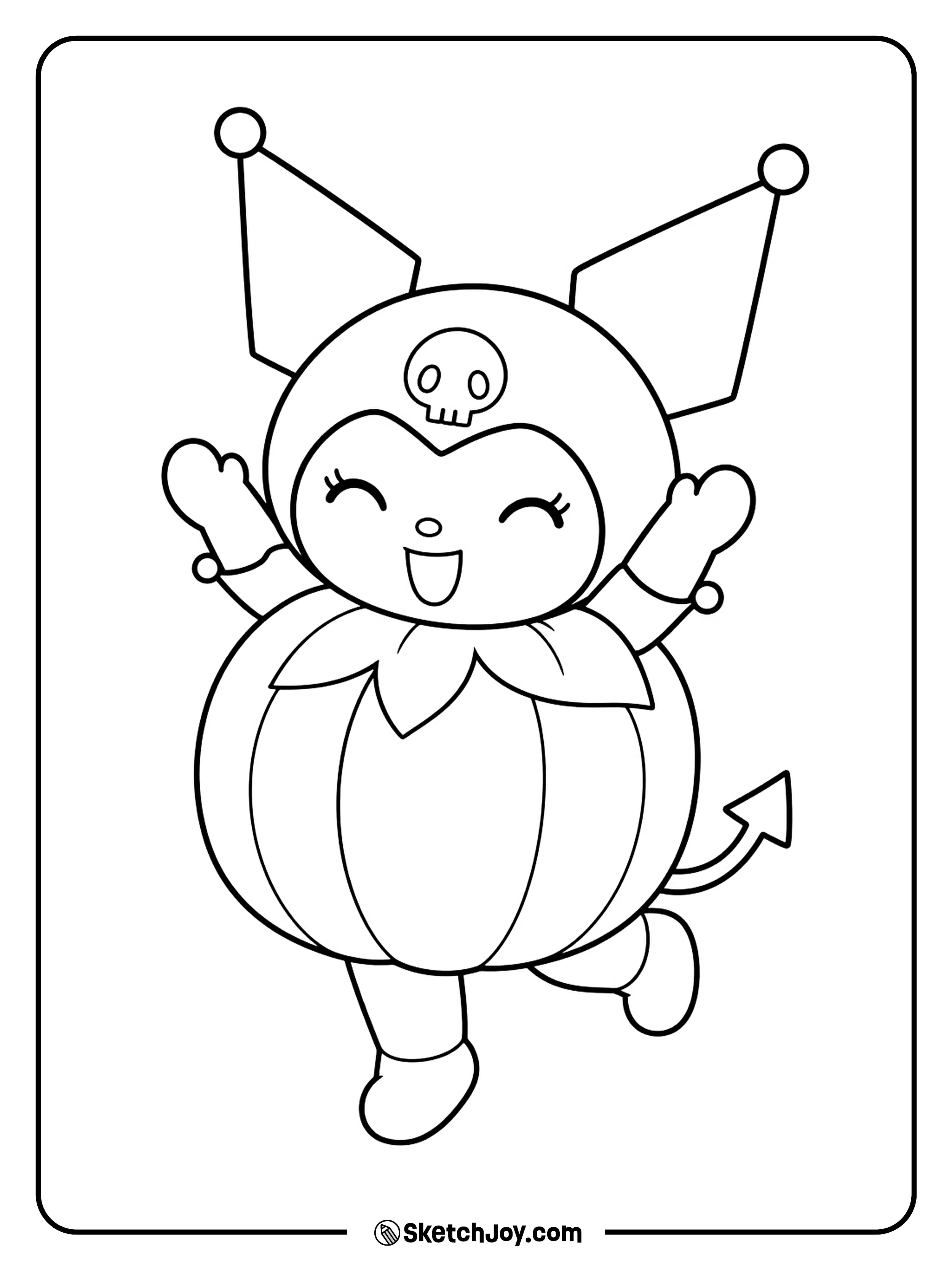 A round pumpkin costume stretches upward with two raised paws and one lifted heel.