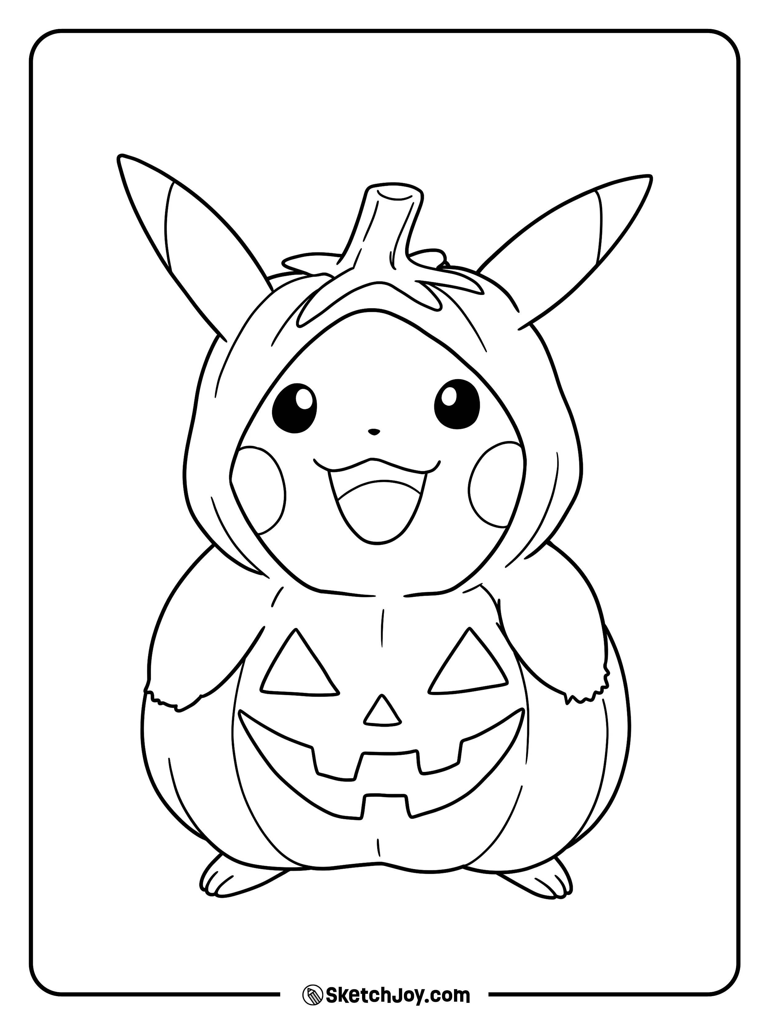 Pikachu smiles in a plump pumpkin suit with a stem on the hood.