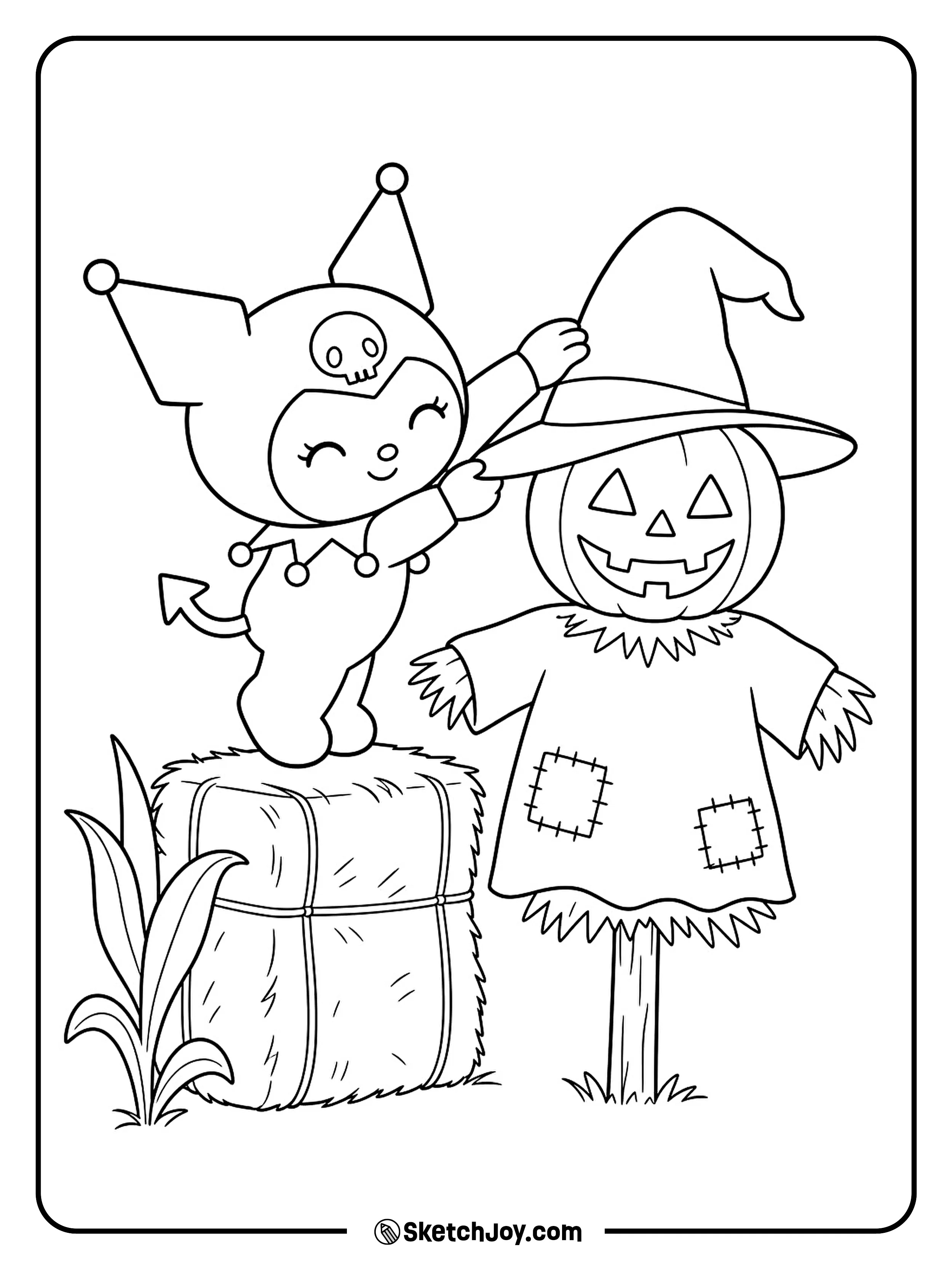 A bareheaded scarecrow finally gets a witch hat that is just the right size.