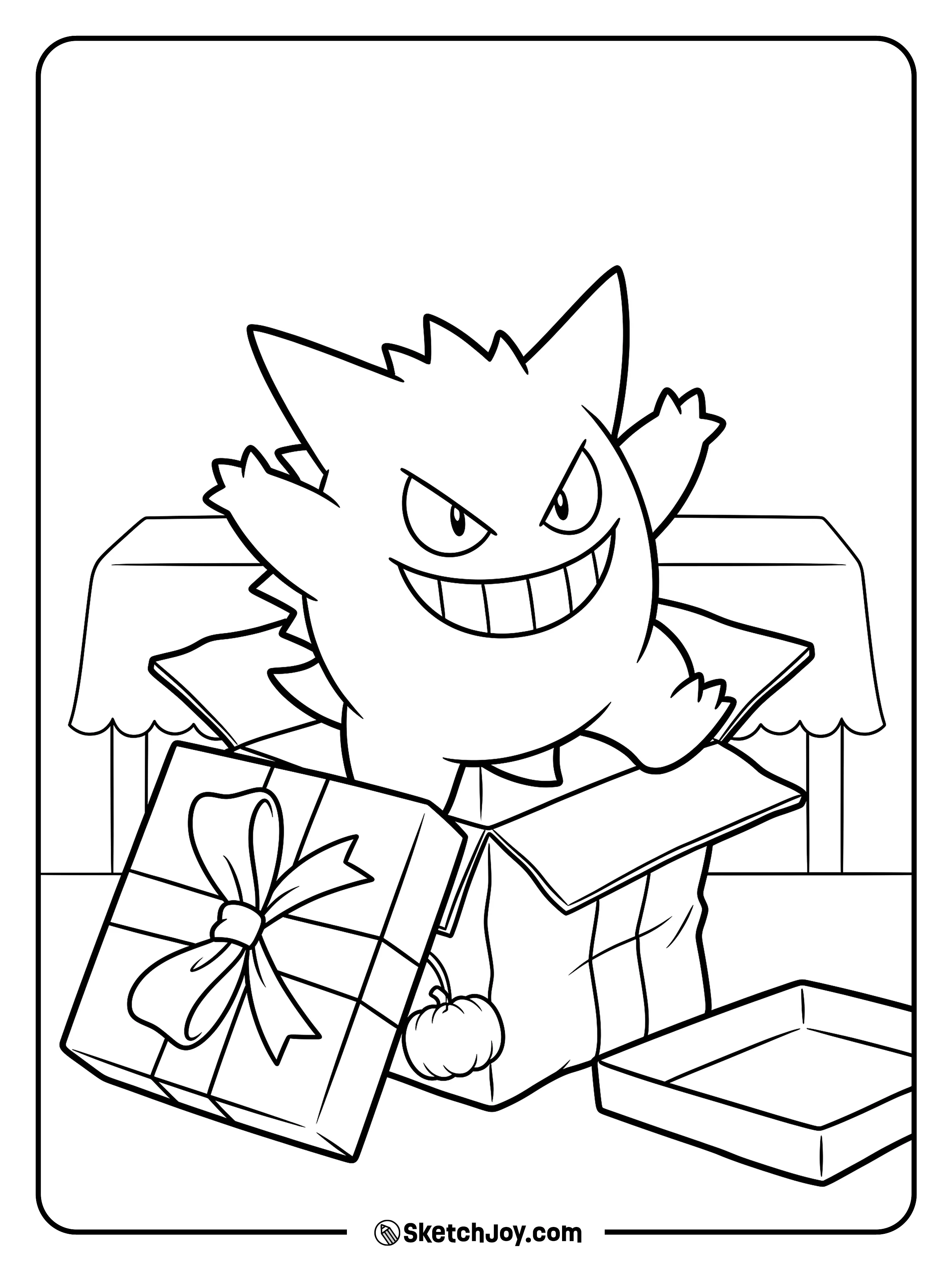Gengar springs from a gift box with raised hands and a grin full of mischief.