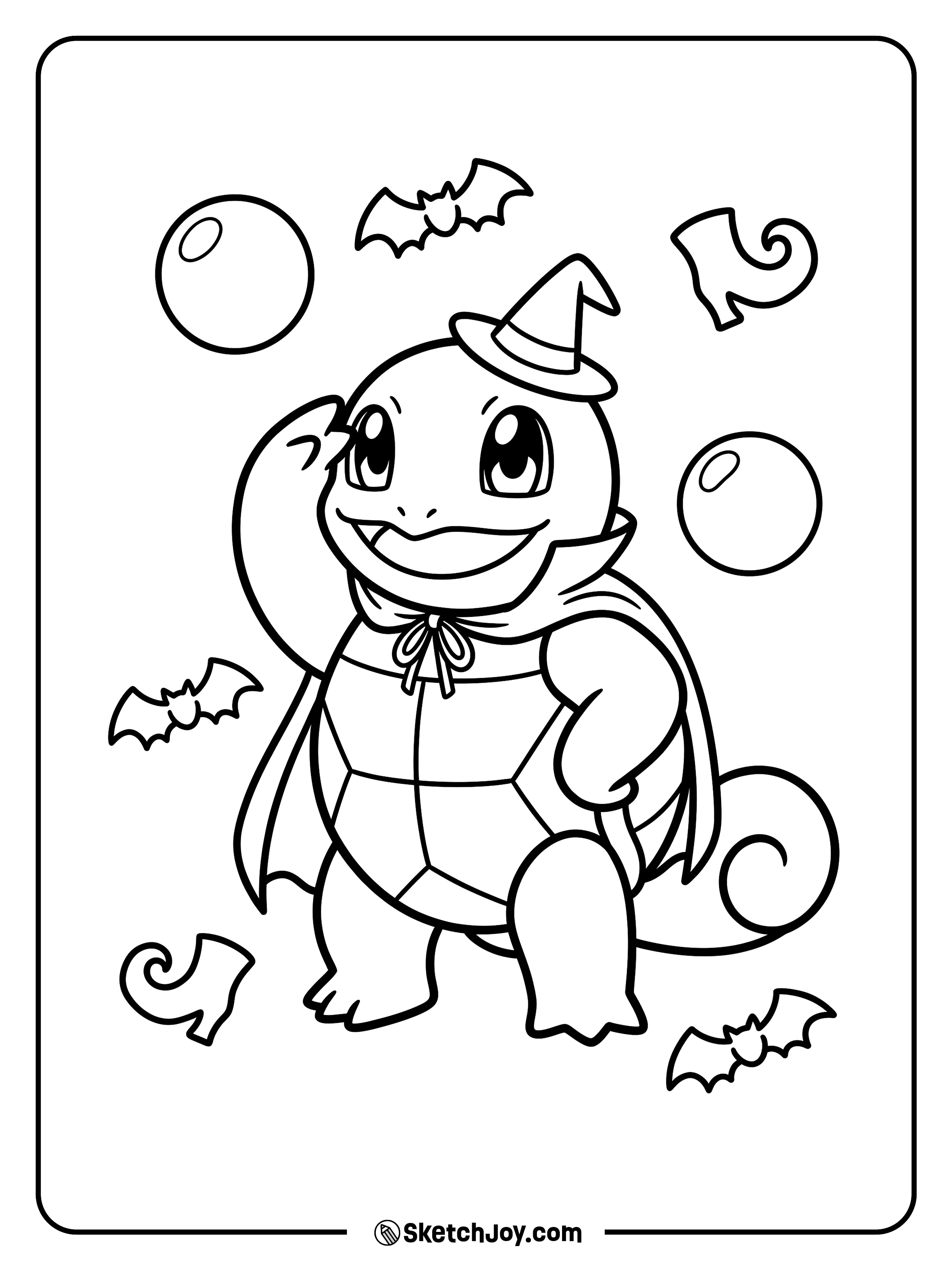 A small wizard gives a playful salute among bubbles, witch boots, and bat-shaped bows.