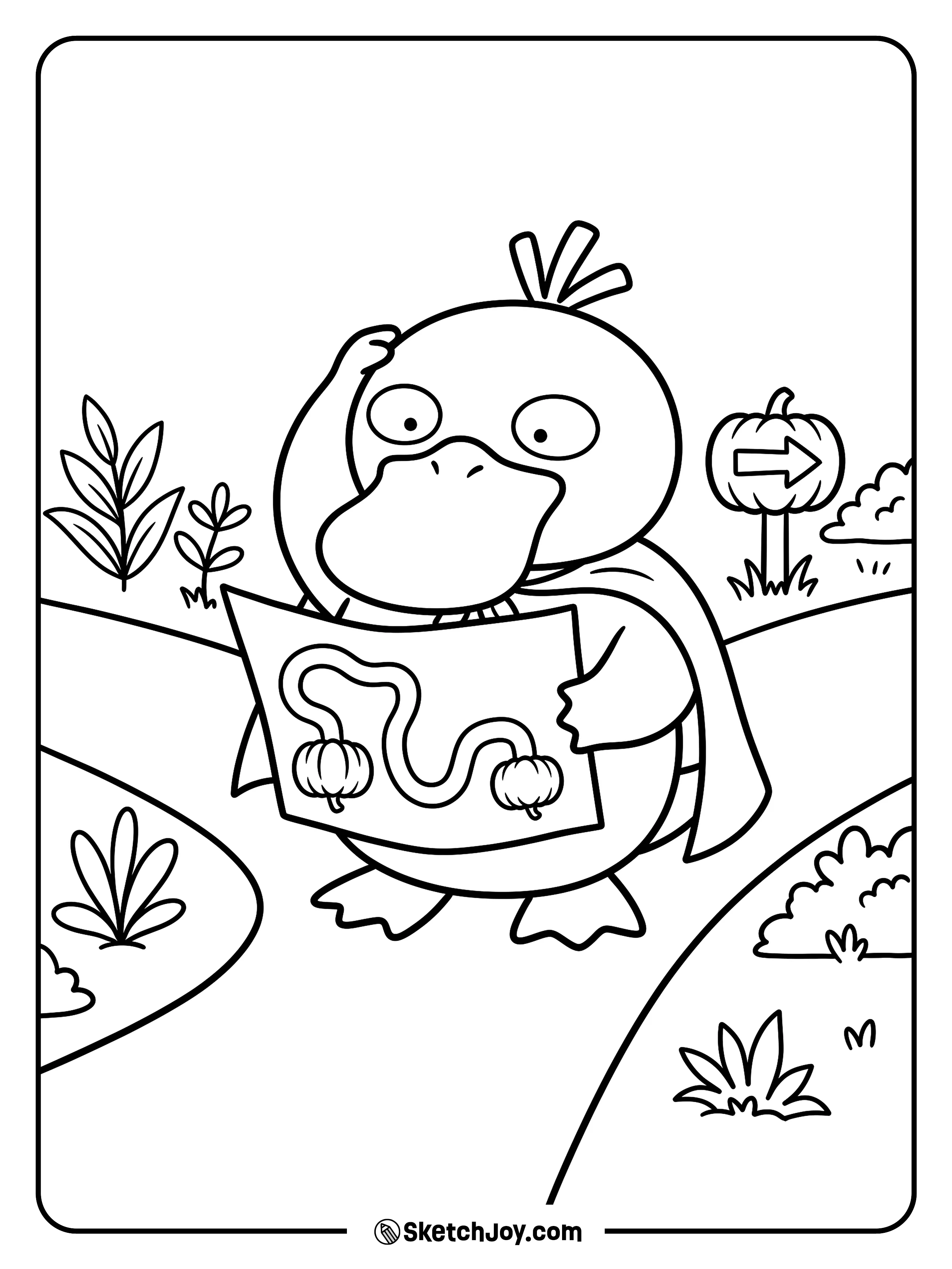 Psyduck scratches its head while holding a map that points away from the party.