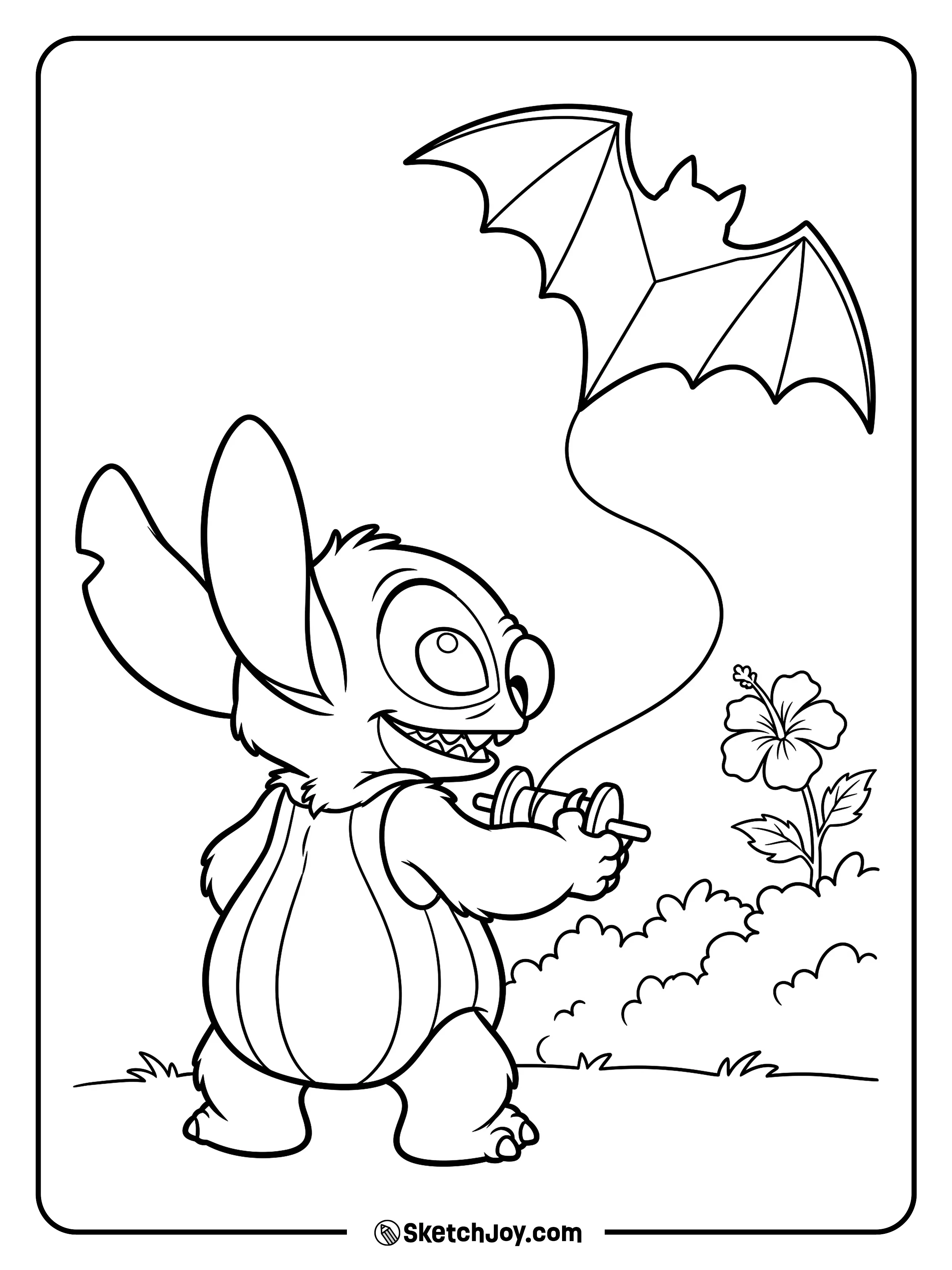 A quick tug sends a bat-shaped kite around a garden flower.