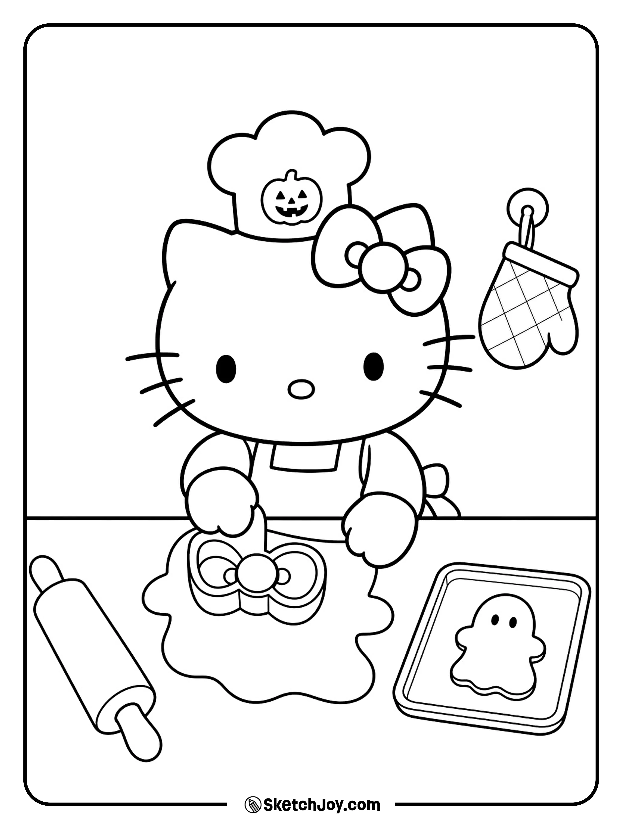 A ghost-shaped cookie gets a bow stamped into its soft dough.