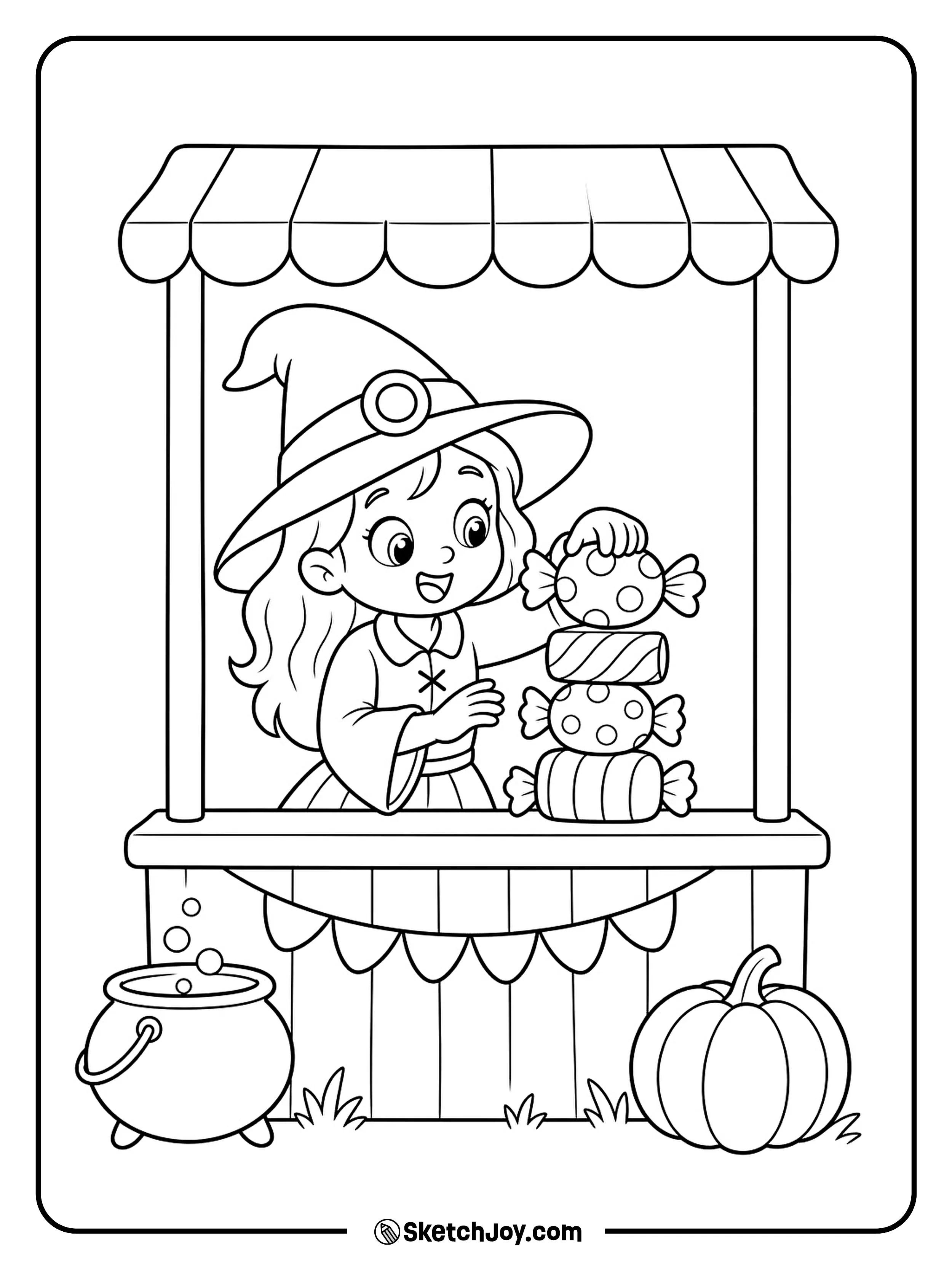 A witch adds one last sweet to a wobbly candy tower at her stall.