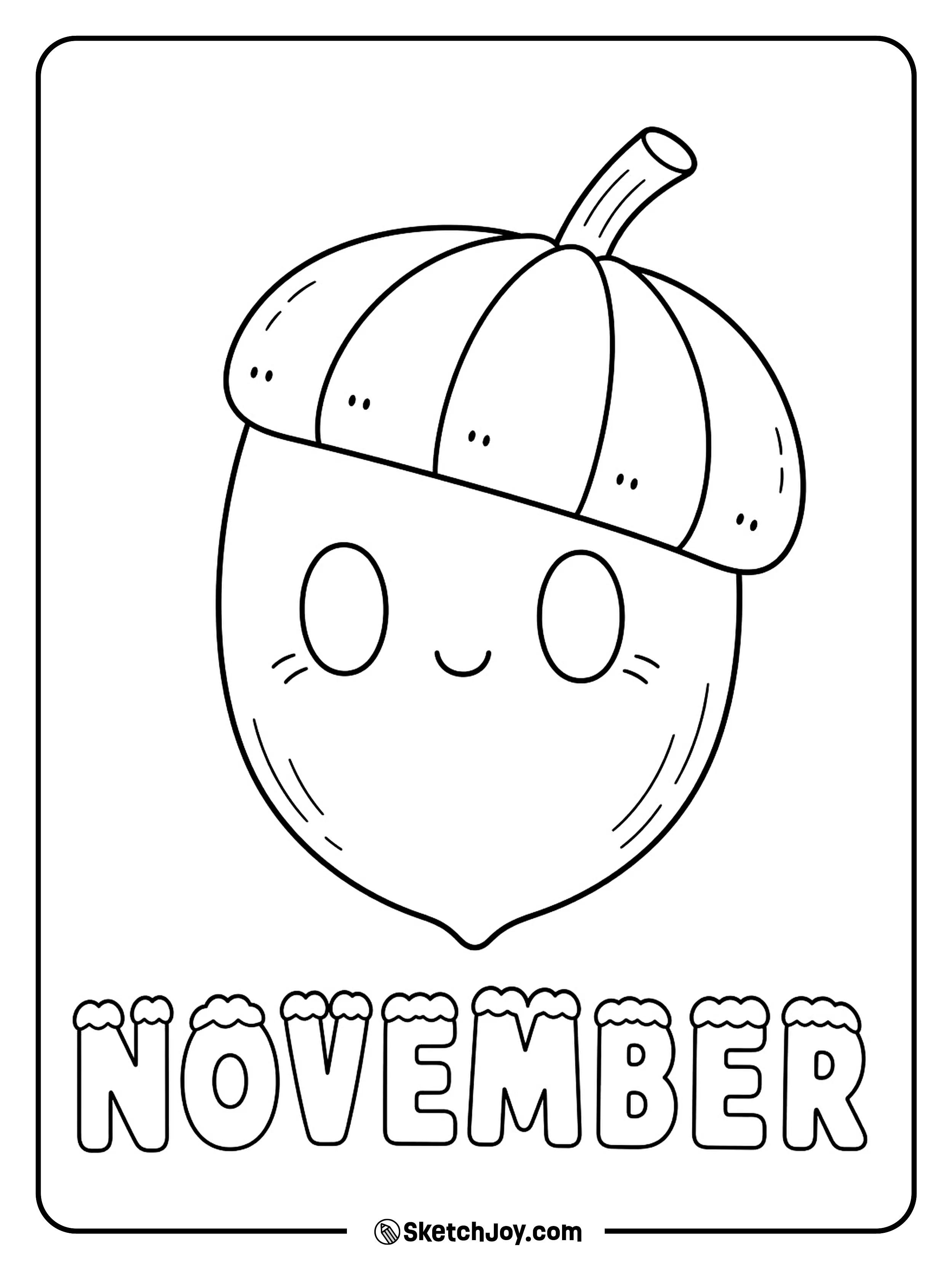 A smiling acorn tilts its cap above soft November letters with rounded tops.