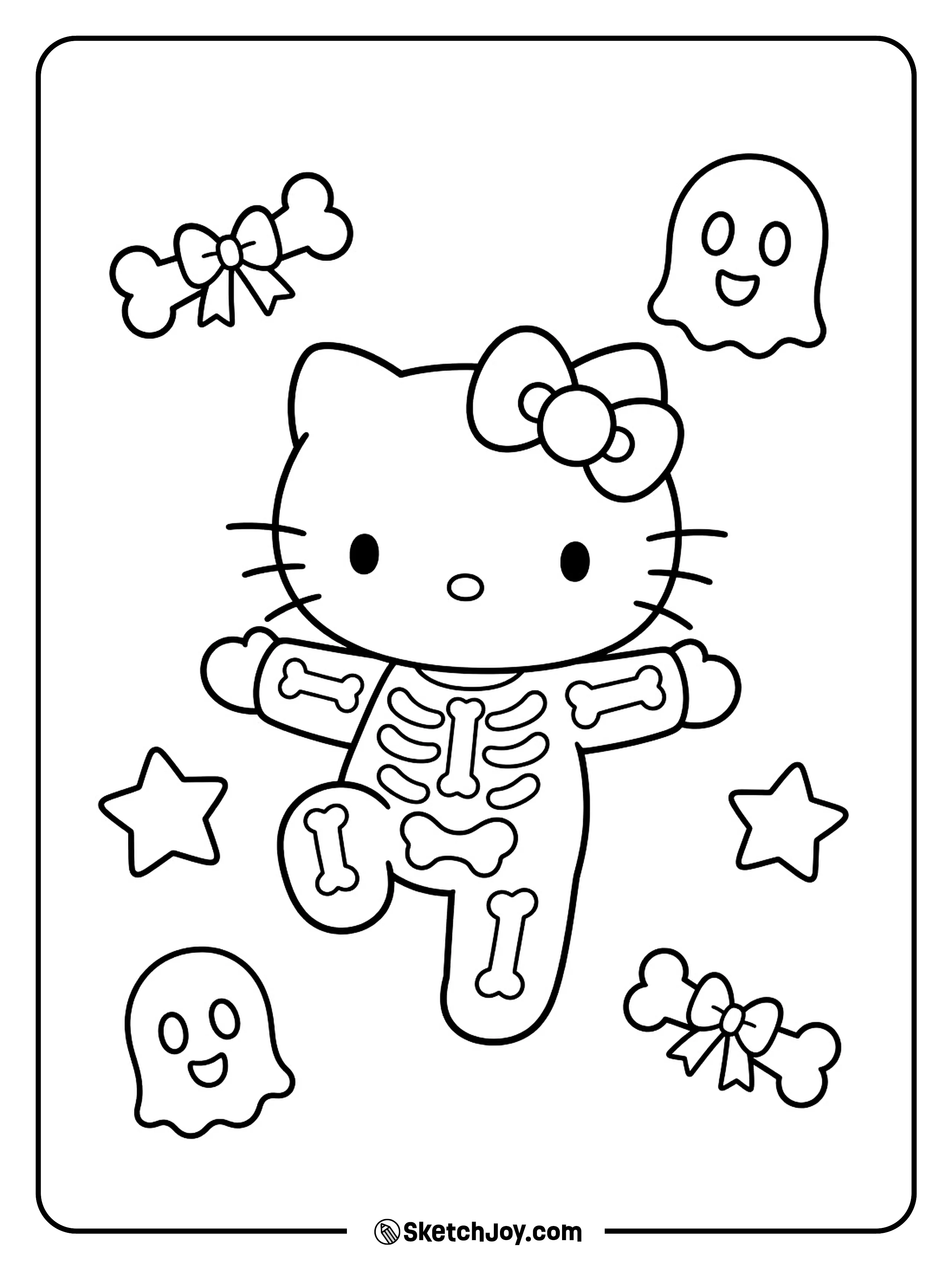 One knee lifts during a playful hop between bow-tied bones and party masks.