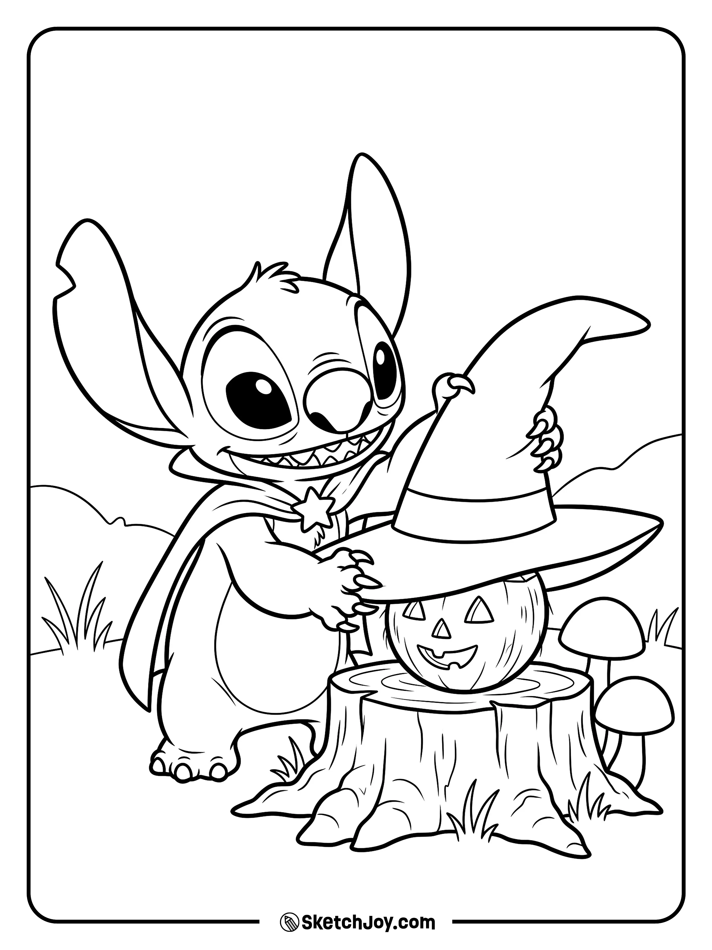 A wide witch hat nearly covers a tiny coconut lantern.